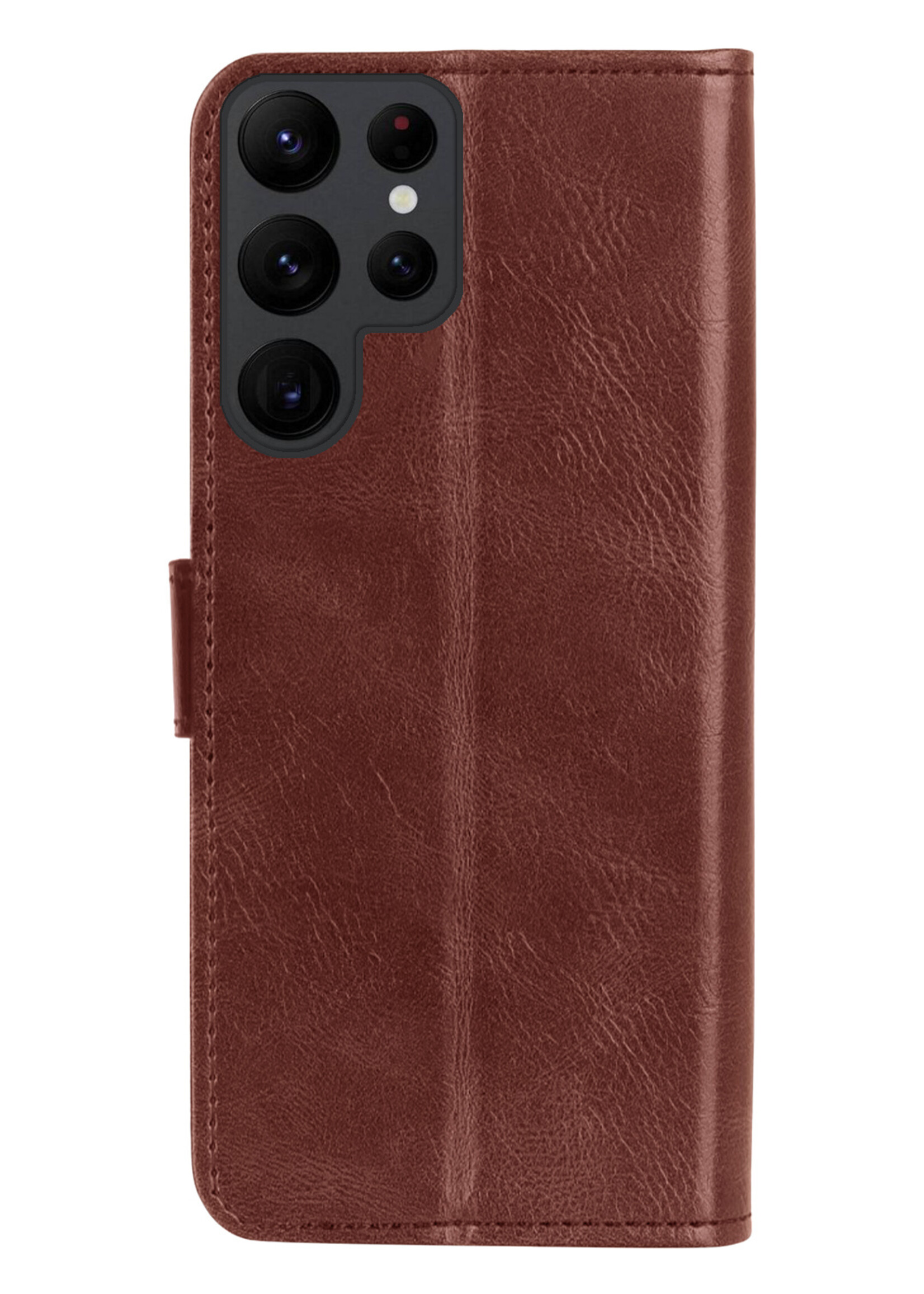 BTH Hoesje Geschikt voor Samsung S23 Ultra Hoesje Book Case Hoes Portemonnee Cover Walletcase Met 2x Screenprotector - Hoes Geschikt voor Samsung Galaxy S23 Ultra Hoes Bookcase Hoesje - Bruin