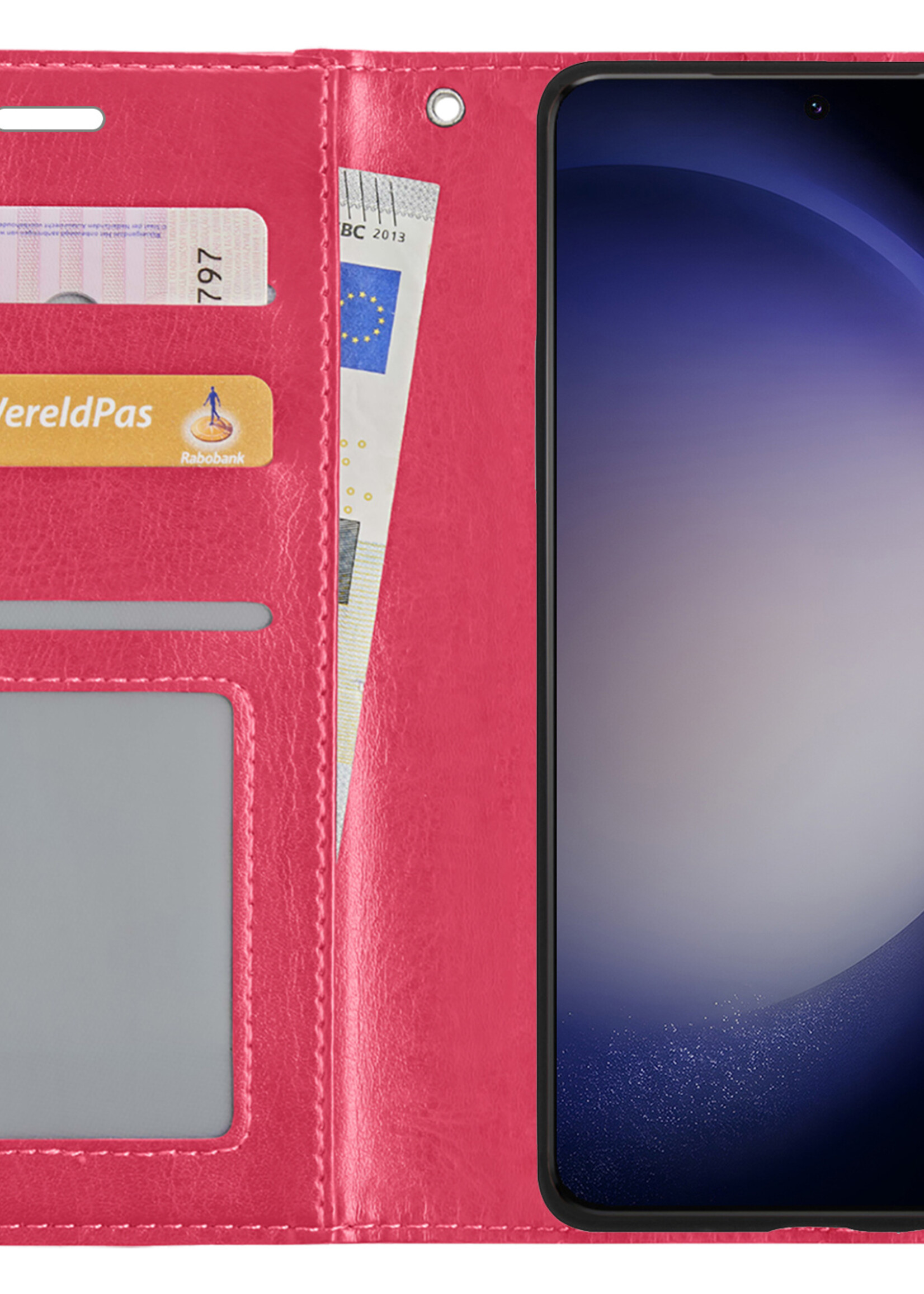 BTH Hoesje Geschikt voor Samsung S23 Ultra Hoesje Book Case Hoes Portemonnee Cover Walletcase Met 2x Screenprotector - Hoes Geschikt voor Samsung Galaxy S23 Ultra Hoes Bookcase Hoesje - Donkerroze