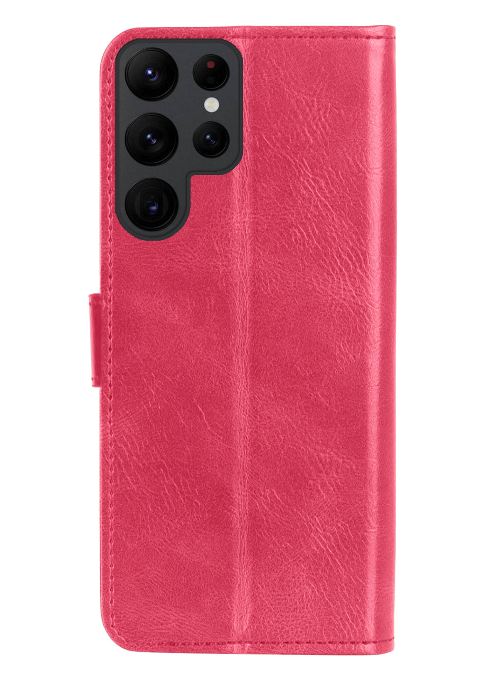 BTH Hoesje Geschikt voor Samsung S23 Ultra Hoesje Book Case Hoes Portemonnee Cover Walletcase Met 2x Screenprotector - Hoes Geschikt voor Samsung Galaxy S23 Ultra Hoes Bookcase Hoesje - Donkerroze