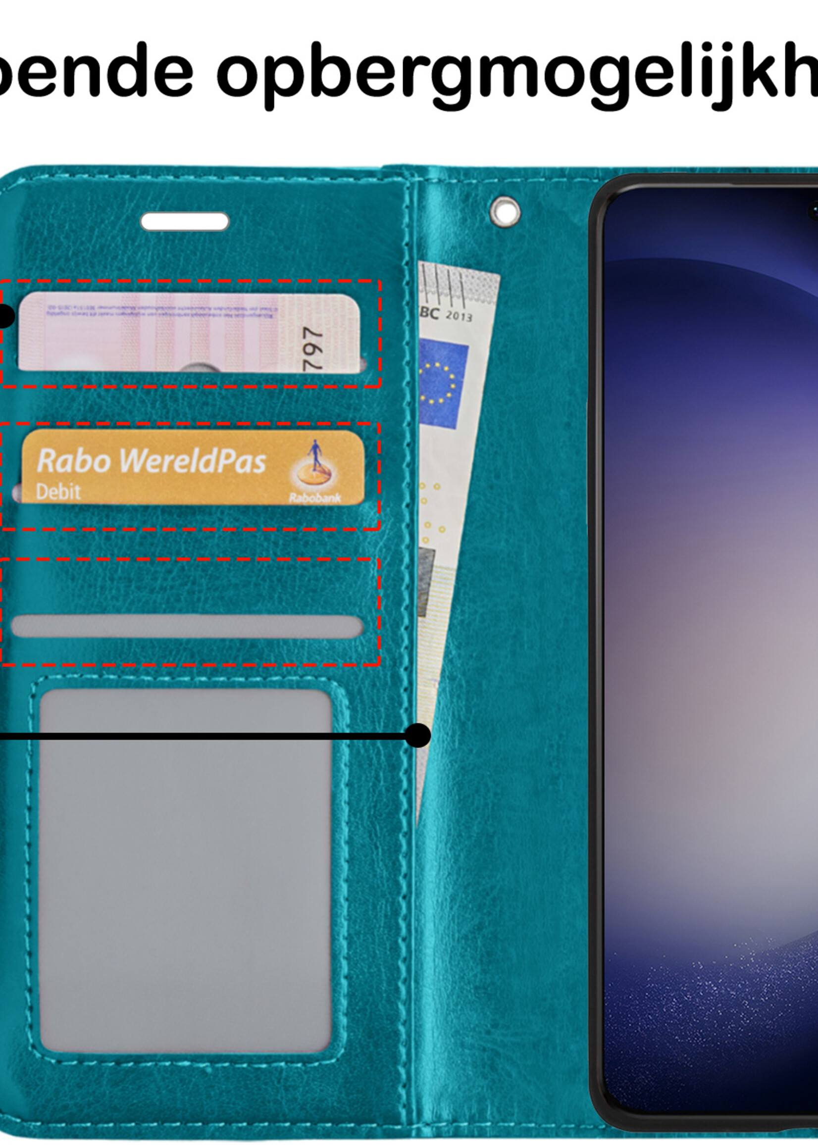 BTH Hoesje Geschikt voor Samsung S23 Ultra Hoesje Book Case Hoes Portemonnee Cover Walletcase Met 2x Screenprotector - Hoes Geschikt voor Samsung Galaxy S23 Ultra Hoes Bookcase Hoesje - Turquoise