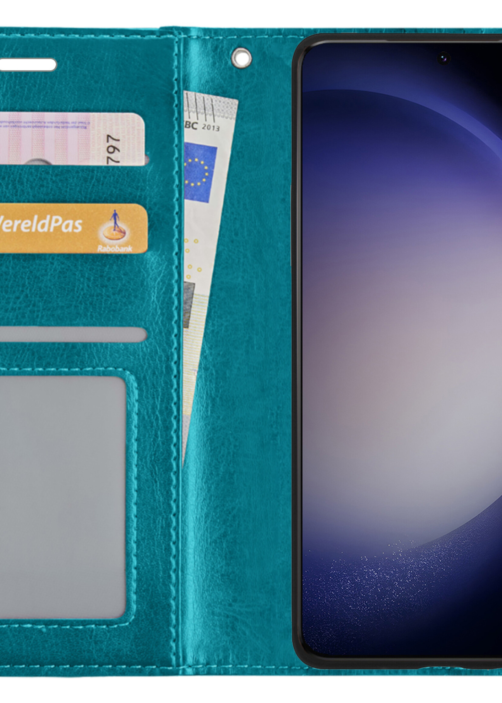 BTH Hoesje Geschikt voor Samsung S23 Ultra Hoesje Book Case Hoes Portemonnee Cover Walletcase Met 2x Screenprotector - Hoes Geschikt voor Samsung Galaxy S23 Ultra Hoes Bookcase Hoesje - Turquoise