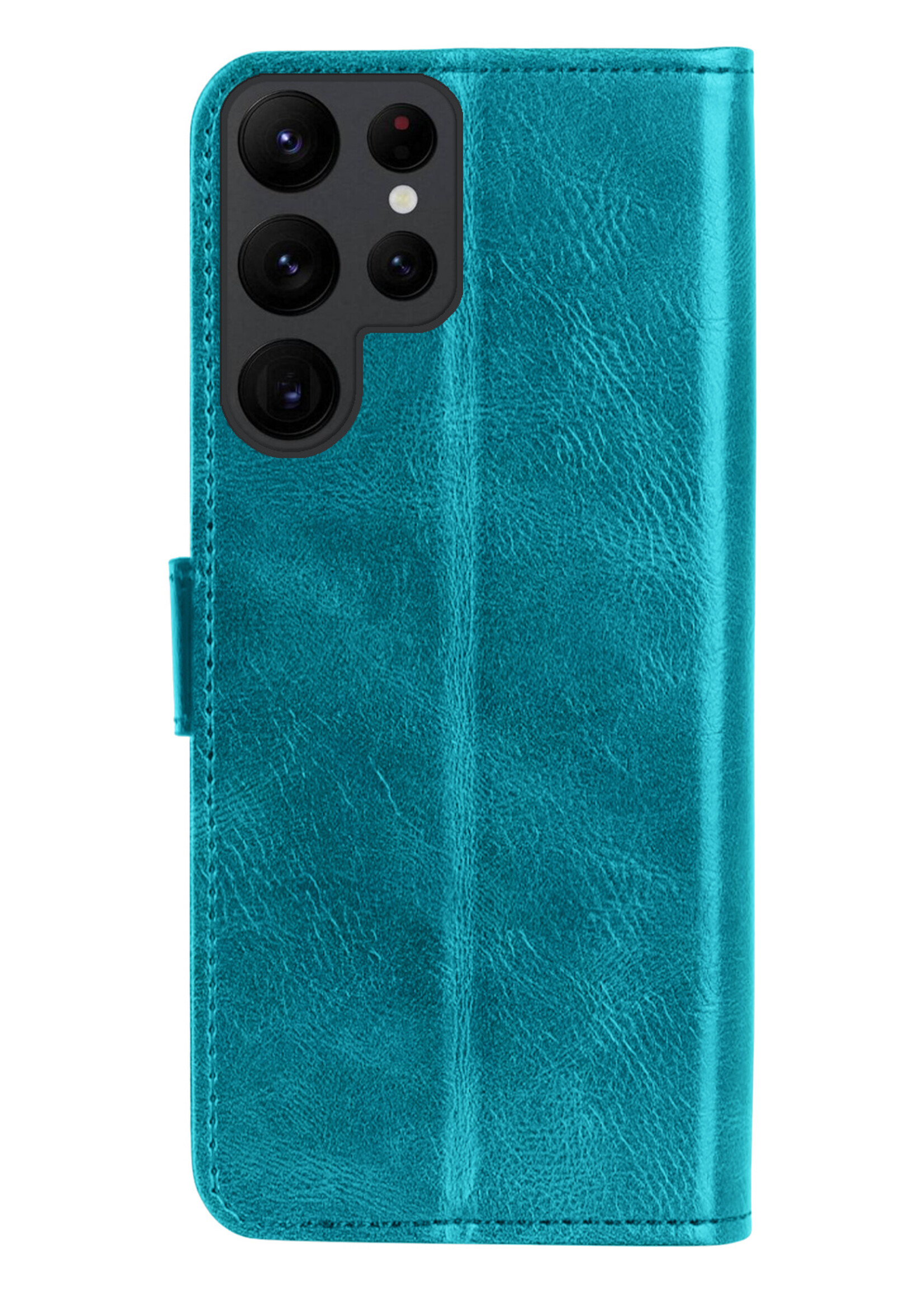 BTH Hoesje Geschikt voor Samsung S23 Ultra Hoesje Book Case Hoes Portemonnee Cover Walletcase Met 2x Screenprotector - Hoes Geschikt voor Samsung Galaxy S23 Ultra Hoes Bookcase Hoesje - Turquoise