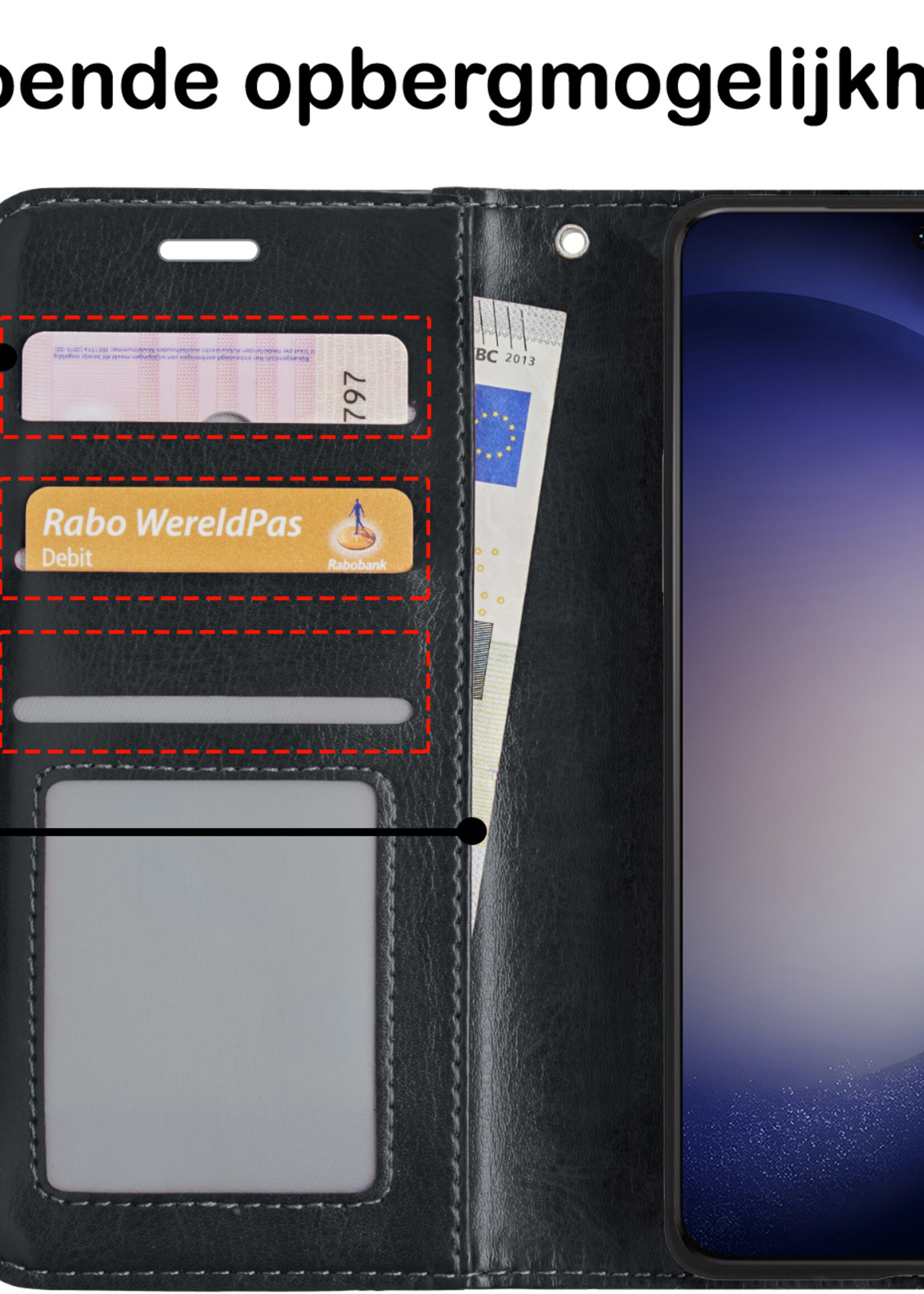 BTH Hoesje Geschikt voor Samsung S23 Ultra Hoesje Book Case Hoes Portemonnee Cover Walletcase Met 2x Screenprotector - Hoes Geschikt voor Samsung Galaxy S23 Ultra Hoes Bookcase Hoesje - Zwart