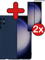 BTH BTH Samsung Galaxy S23 Ultra Hoesje Siliconen Met 2x Screenprotector - Donkerblauw