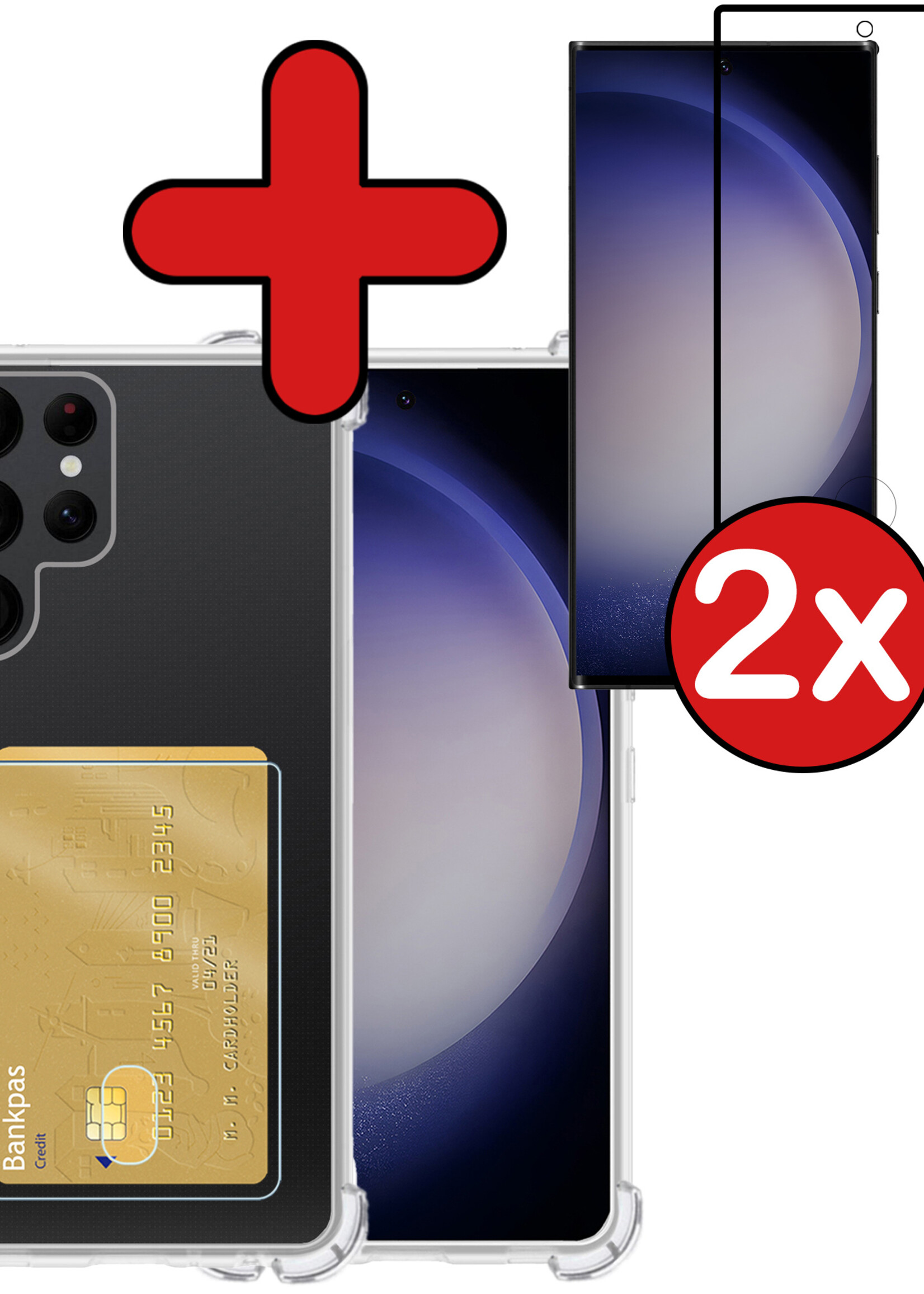 BTH Hoesje Geschikt voor Samsung S23 Plus Hoesje Met Pasjeshouder Siliconen Case Met Kaarthouder Met 2x Screenprotector - Hoes Geschikt voor Samsung Galaxy S23 Plus Hoesje Shock Proof Case - Transparant