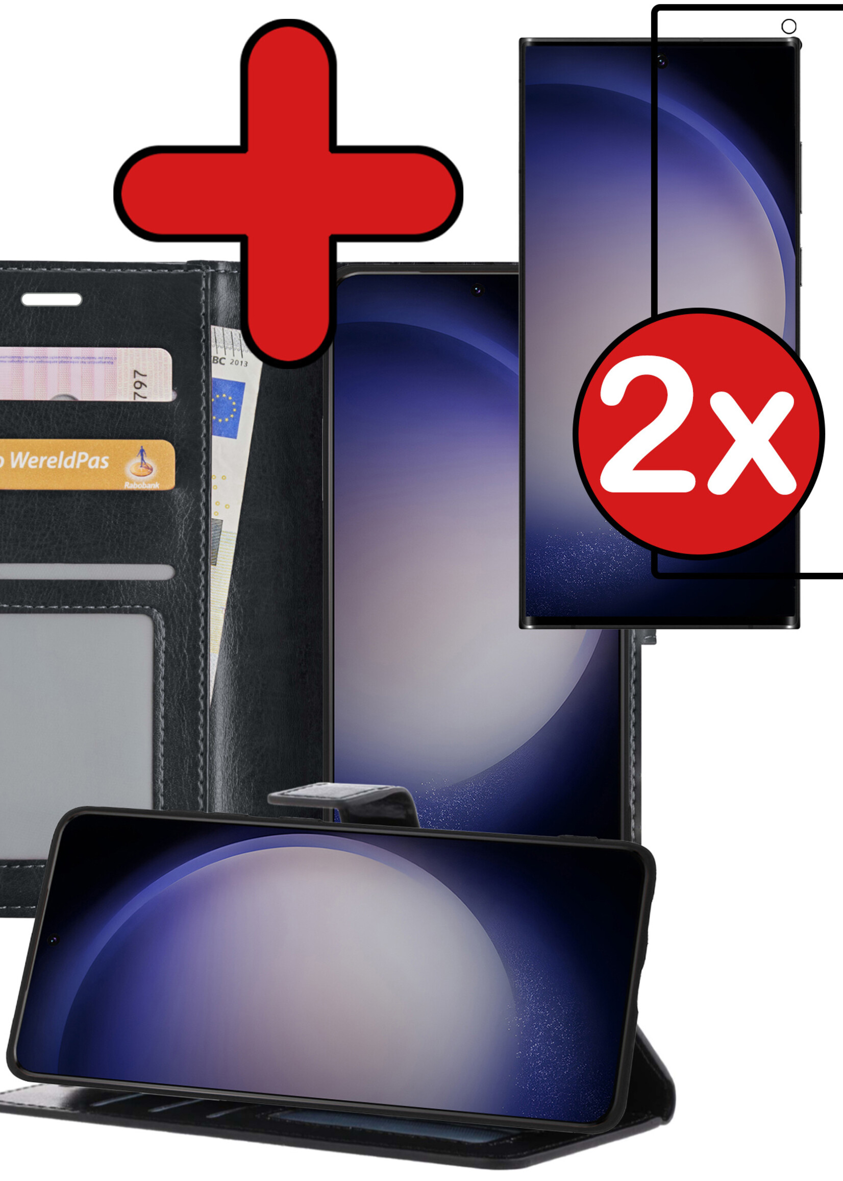 BTH Hoesje Geschikt voor Samsung S23 Ultra Hoesje Book Case Hoes Portemonnee Cover Walletcase Met 2x Screenprotector - Hoes Geschikt voor Samsung Galaxy S23 Ultra Hoes Bookcase Hoesje - Zwart