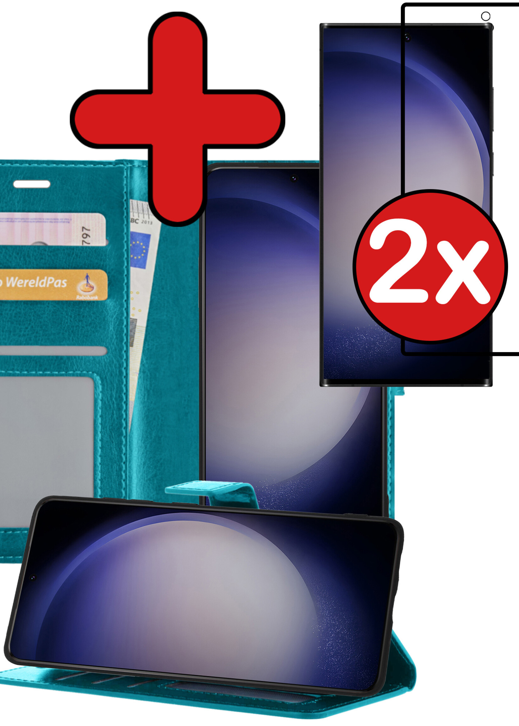 BTH Hoesje Geschikt voor Samsung S23 Ultra Hoesje Book Case Hoes Portemonnee Cover Walletcase Met 2x Screenprotector - Hoes Geschikt voor Samsung Galaxy S23 Ultra Hoes Bookcase Hoesje - Turquoise