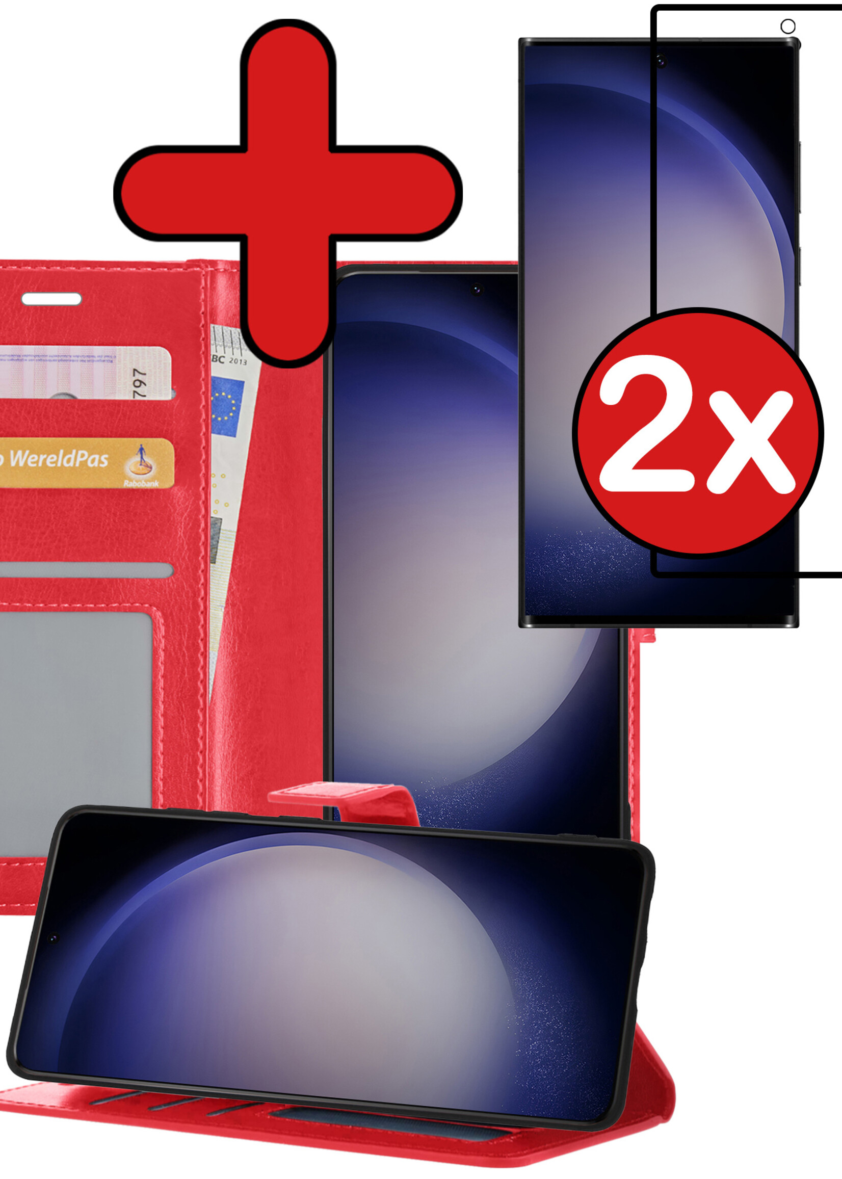 BTH Hoesje Geschikt voor Samsung S23 Ultra Hoesje Book Case Hoes Portemonnee Cover Walletcase Met 2x Screenprotector - Hoes Geschikt voor Samsung Galaxy S23 Ultra Hoes Bookcase Hoesje - Rood