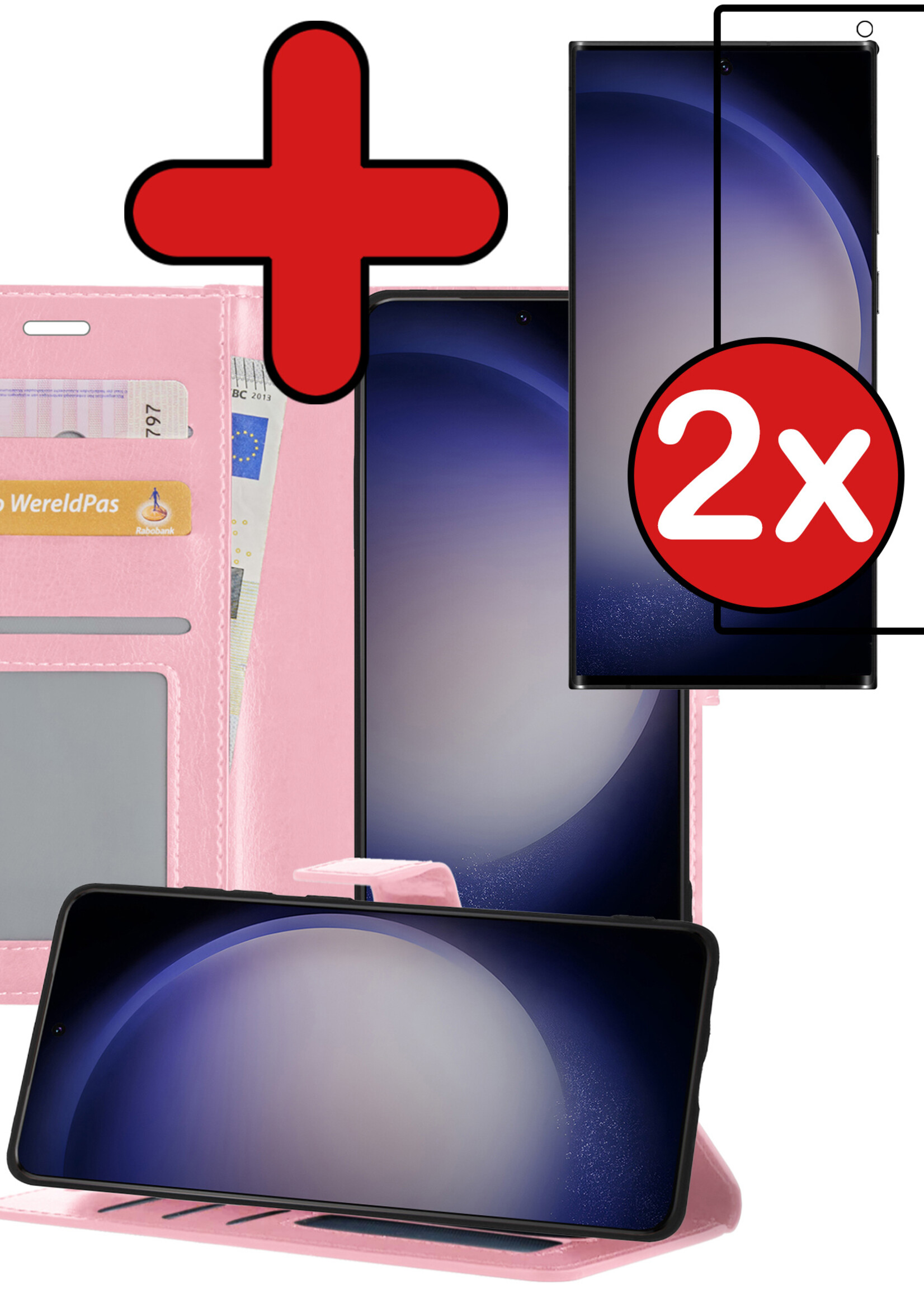 BTH Hoesje Geschikt voor Samsung S23 Ultra Hoesje Book Case Hoes Portemonnee Cover Walletcase Met 2x Screenprotector - Hoes Geschikt voor Samsung Galaxy S23 Ultra Hoes Bookcase Hoesje - Lichtroze