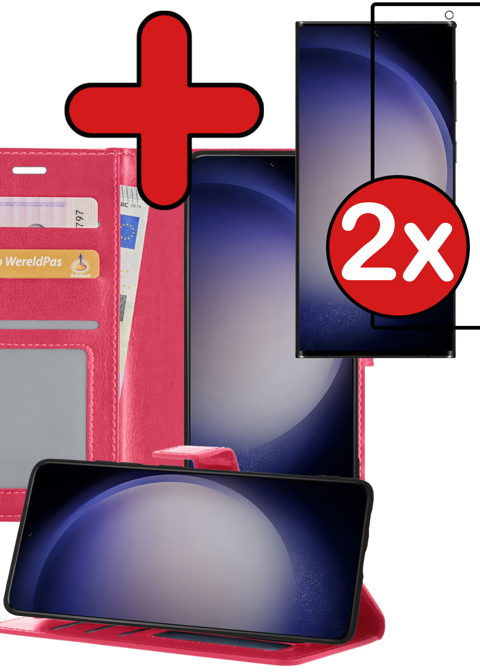 BTH Hoesje Geschikt voor Samsung S23 Ultra Hoesje Book Case Hoes Portemonnee Cover Walletcase Met 2x Screenprotector - Hoes Geschikt voor Samsung Galaxy S23 Ultra Hoes Bookcase Hoesje - Donkerroze