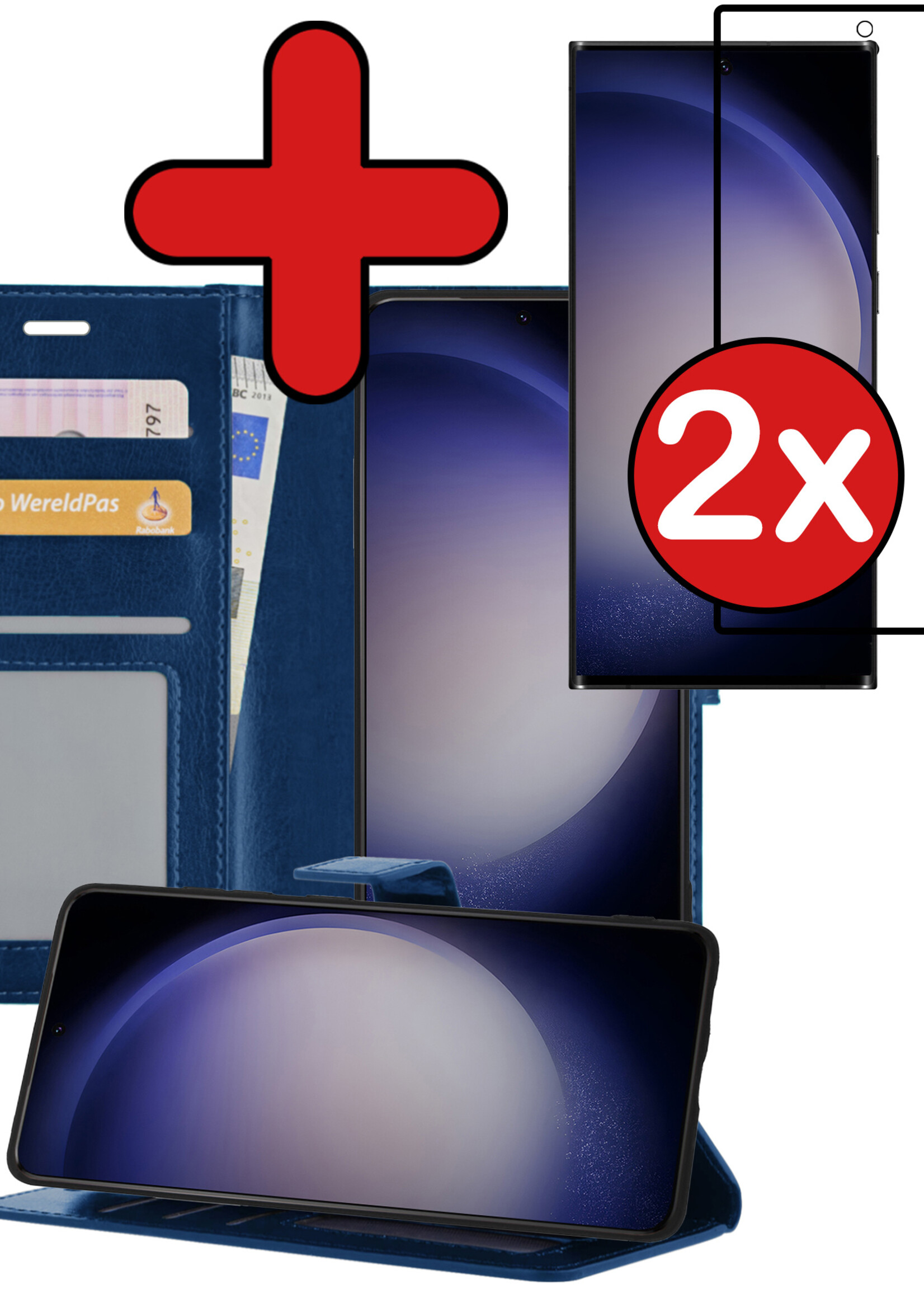 BTH Hoesje Geschikt voor Samsung S23 Ultra Hoesje Book Case Hoes Portemonnee Cover Walletcase Met 2x Screenprotector - Hoes Geschikt voor Samsung Galaxy S23 Ultra Hoes Bookcase Hoesje - Donkerblauw