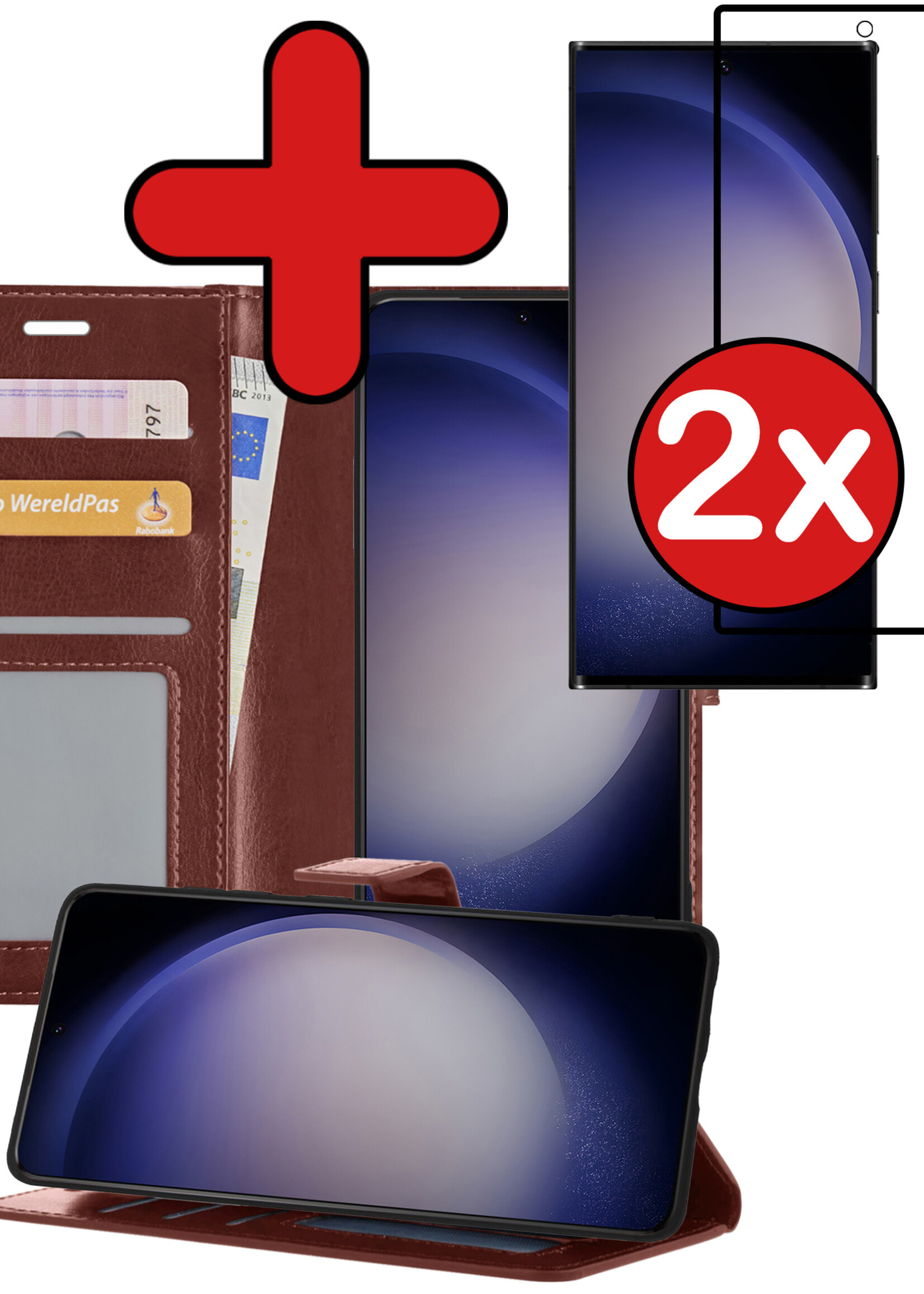 BTH Hoesje Geschikt voor Samsung S23 Ultra Hoesje Book Case Hoes Portemonnee Cover Walletcase Met 2x Screenprotector - Hoes Geschikt voor Samsung Galaxy S23 Ultra Hoes Bookcase Hoesje - Bruin