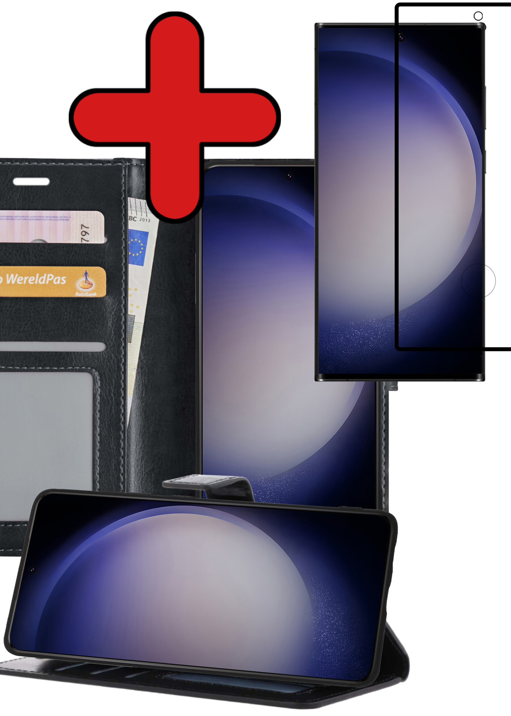 BTH Hoesje Geschikt voor Samsung S23 Ultra Hoesje Book Case Hoes Portemonnee Cover Walletcase Met Screenprotector - Hoes Geschikt voor Samsung Galaxy S23 Ultra Hoes Bookcase Hoesje - Zwart