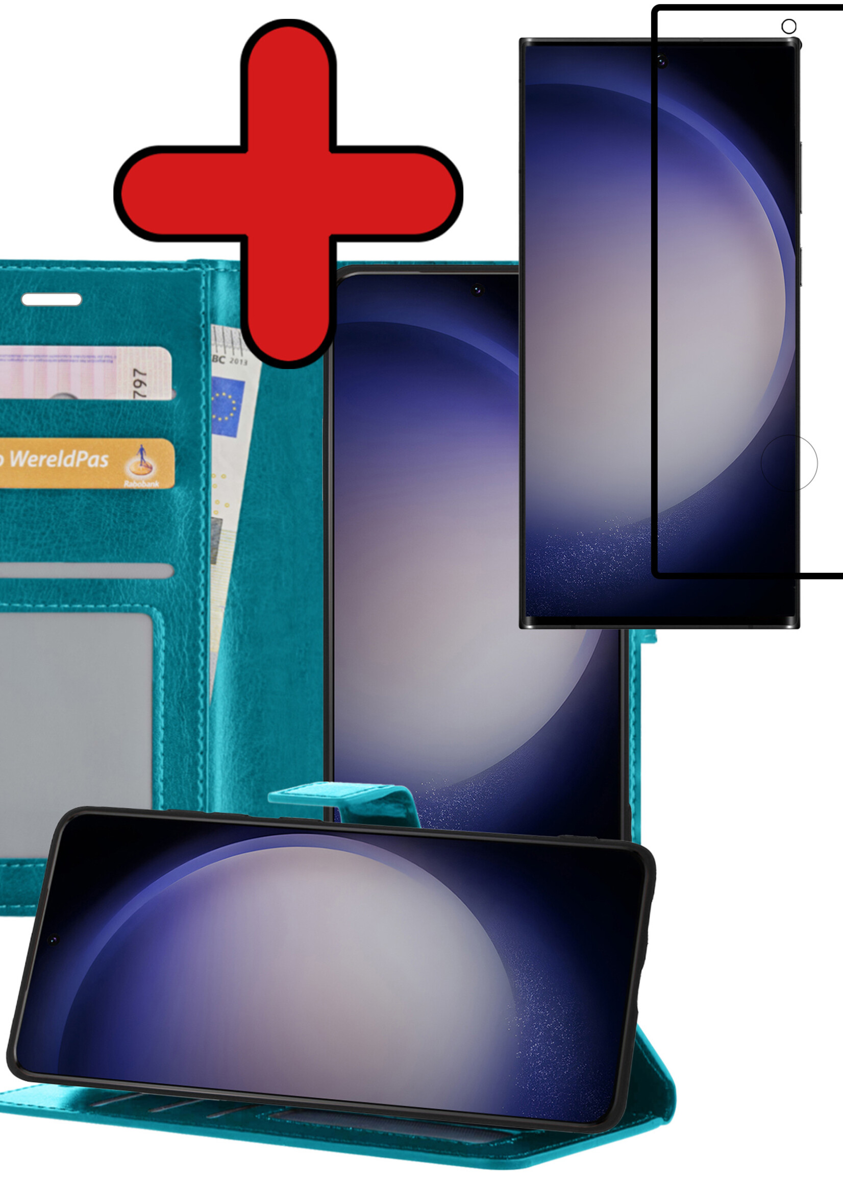 BTH Hoesje Geschikt voor Samsung S23 Ultra Hoesje Book Case Hoes Portemonnee Cover Walletcase Met Screenprotector - Hoes Geschikt voor Samsung Galaxy S23 Ultra Hoes Bookcase Hoesje - Turquoise