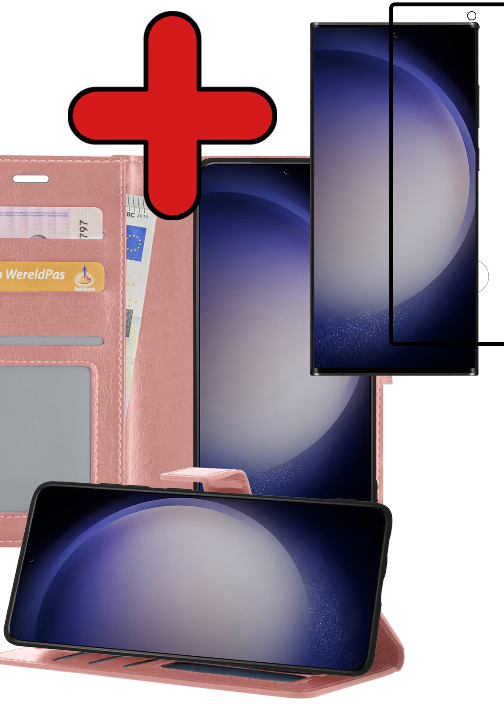 BTH Hoesje Geschikt voor Samsung S23 Ultra Hoesje Book Case Hoes Portemonnee Cover Walletcase Met Screenprotector - Hoes Geschikt voor Samsung Galaxy S23 Ultra Hoes Bookcase Hoesje - Rosé goud