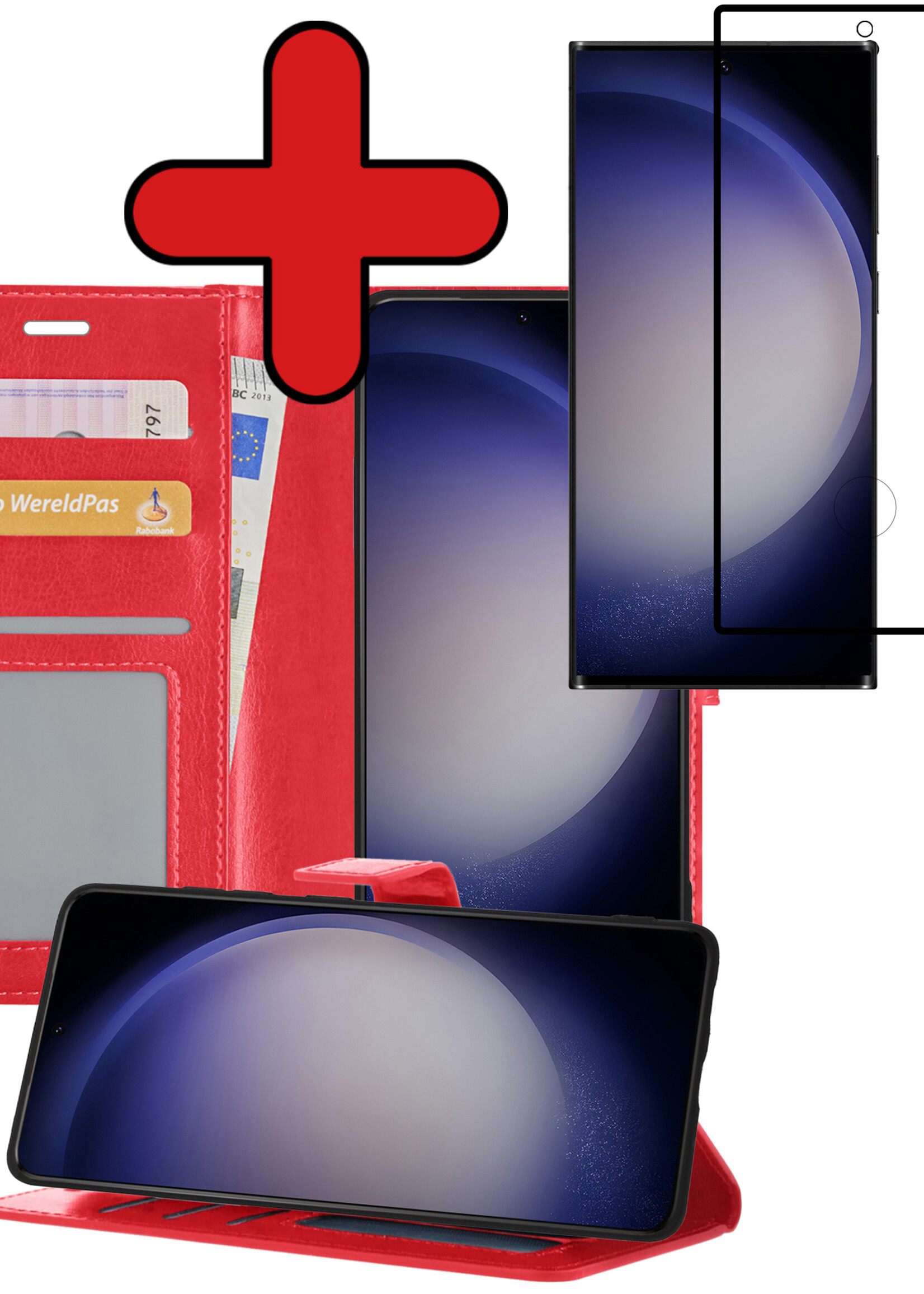 BTH Hoesje Geschikt voor Samsung S23 Ultra Hoesje Book Case Hoes Portemonnee Cover Walletcase Met Screenprotector - Hoes Geschikt voor Samsung Galaxy S23 Ultra Hoes Bookcase Hoesje - Rood