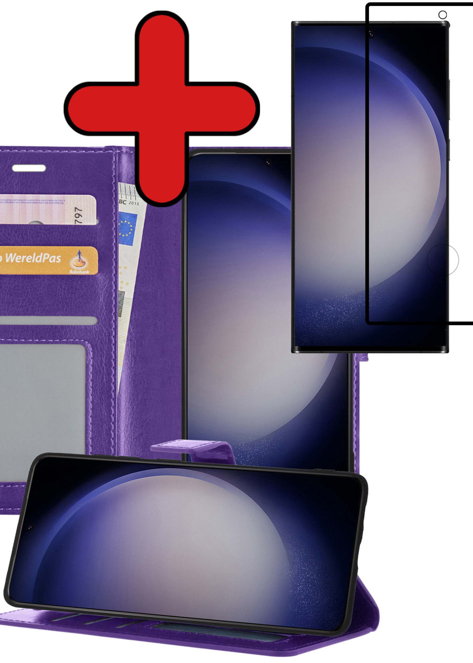 BTH Hoesje Geschikt voor Samsung S23 Ultra Hoesje Book Case Hoes Portemonnee Cover Walletcase Met Screenprotector - Hoes Geschikt voor Samsung Galaxy S23 Ultra Hoes Bookcase Hoesje - Paars
