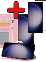 BTH BTH Samsung Galaxy S23 Ultra Hoesje Bookcase Lichtroze Met Screenprotector