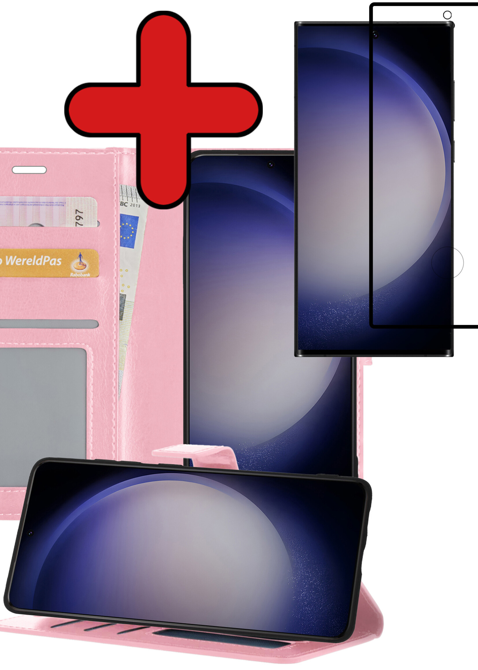 BTH Hoesje Geschikt voor Samsung S23 Ultra Hoesje Book Case Hoes Portemonnee Cover Walletcase Met Screenprotector - Hoes Geschikt voor Samsung Galaxy S23 Ultra Hoes Bookcase Hoesje - Lichtroze