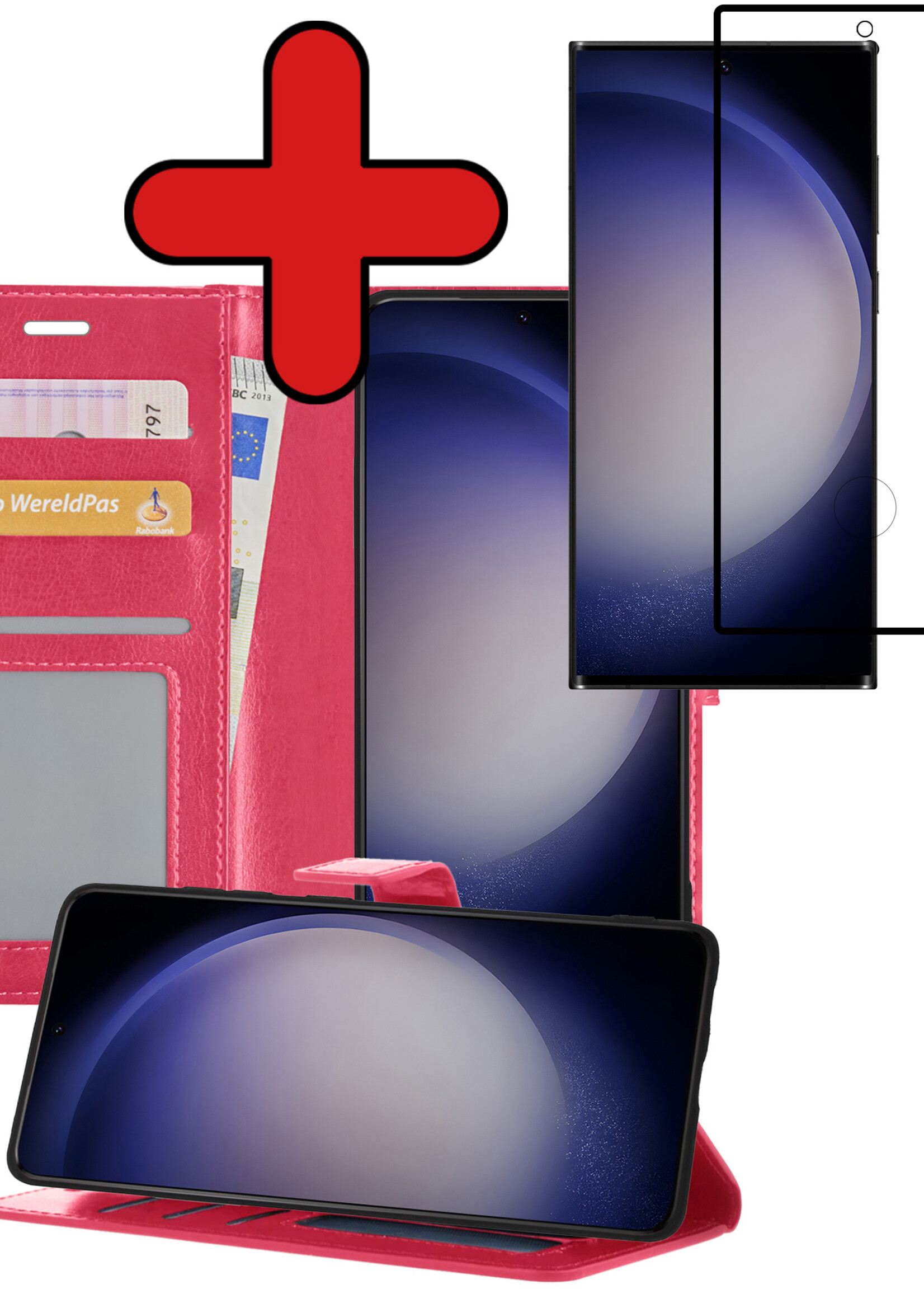 BTH Hoesje Geschikt voor Samsung S23 Ultra Hoesje Book Case Hoes Portemonnee Cover Walletcase Met Screenprotector - Hoes Geschikt voor Samsung Galaxy S23 Ultra Hoes Bookcase Hoesje - Donkerroze