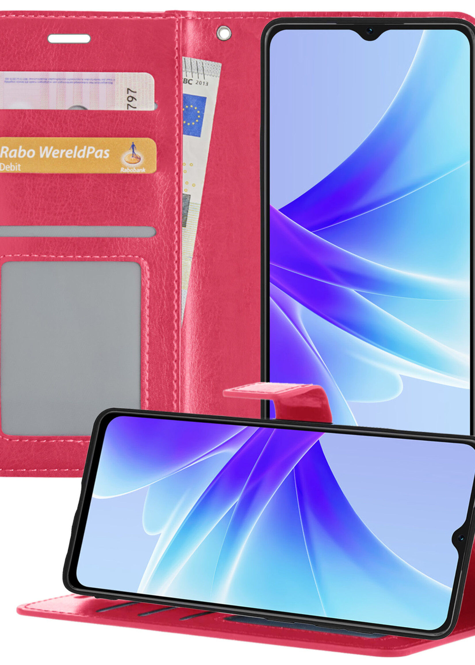 BTH Oppo A17 Hoesje Book Case Hoes Portemonnee Cover Walletcase - Oppo A17 Hoes Bookcase Hoesje - Donkerroze