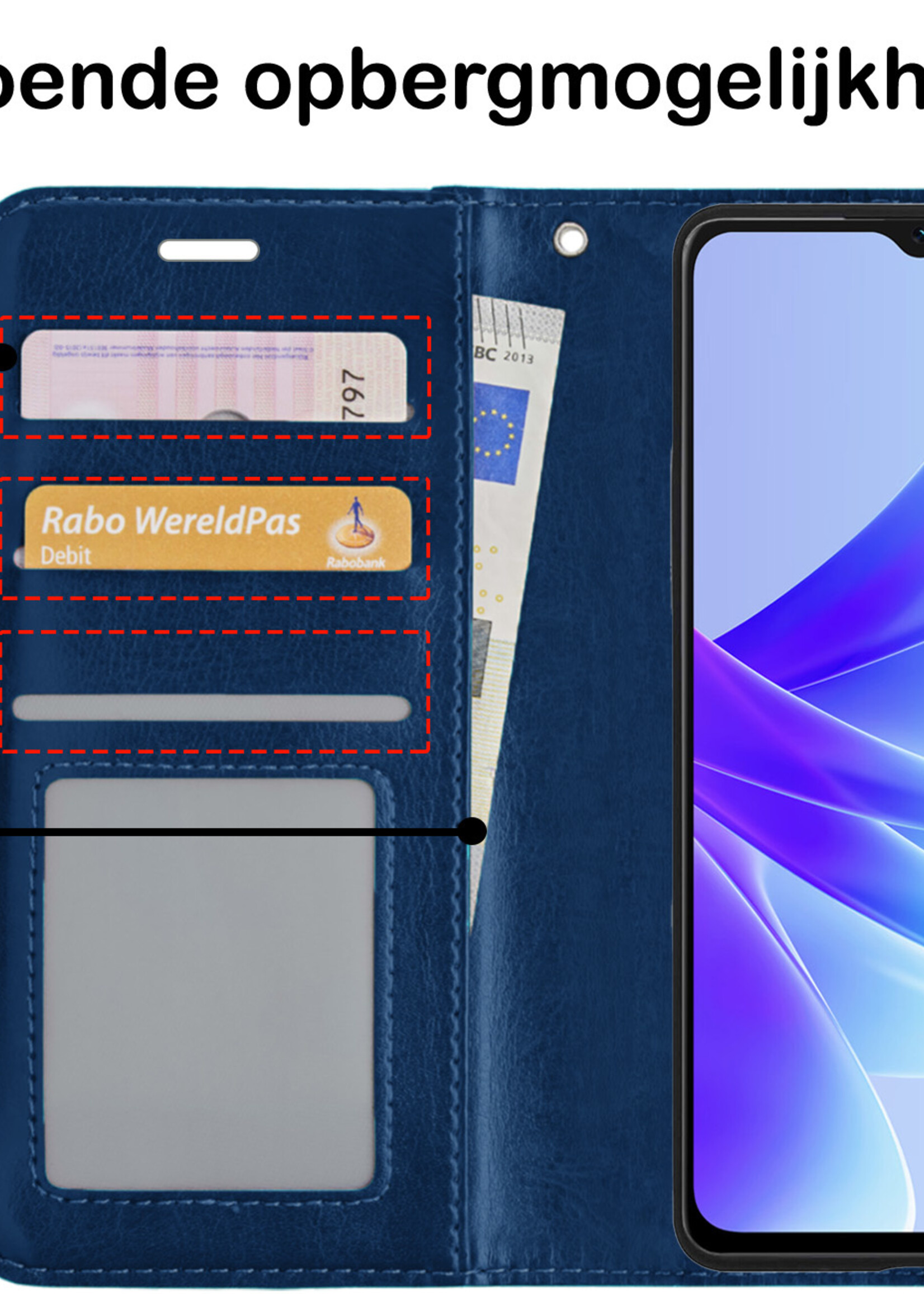 BTH Hoesje Geschikt voor OPPO A17 Hoesje Book Case Hoes Portemonnee Cover Walletcase Met Screenprotector - Hoes Geschikt voor OPPO A17 Hoes Bookcase Hoesje - Donkerblauw