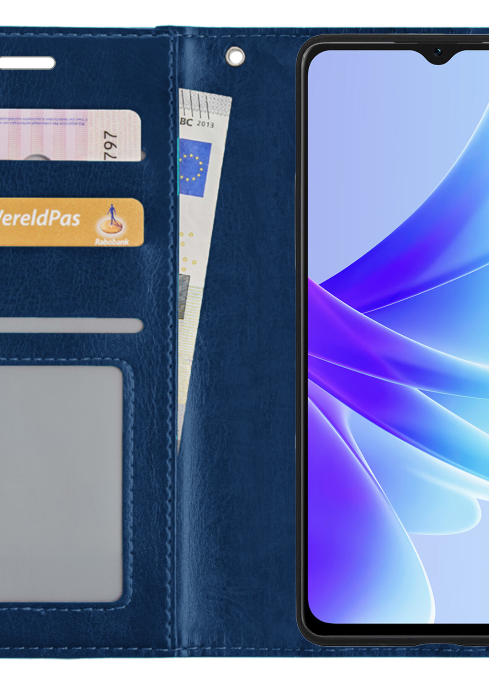 BTH Hoesje Geschikt voor OPPO A17 Hoesje Book Case Hoes Portemonnee Cover Walletcase Met Screenprotector - Hoes Geschikt voor OPPO A17 Hoes Bookcase Hoesje - Donkerblauw