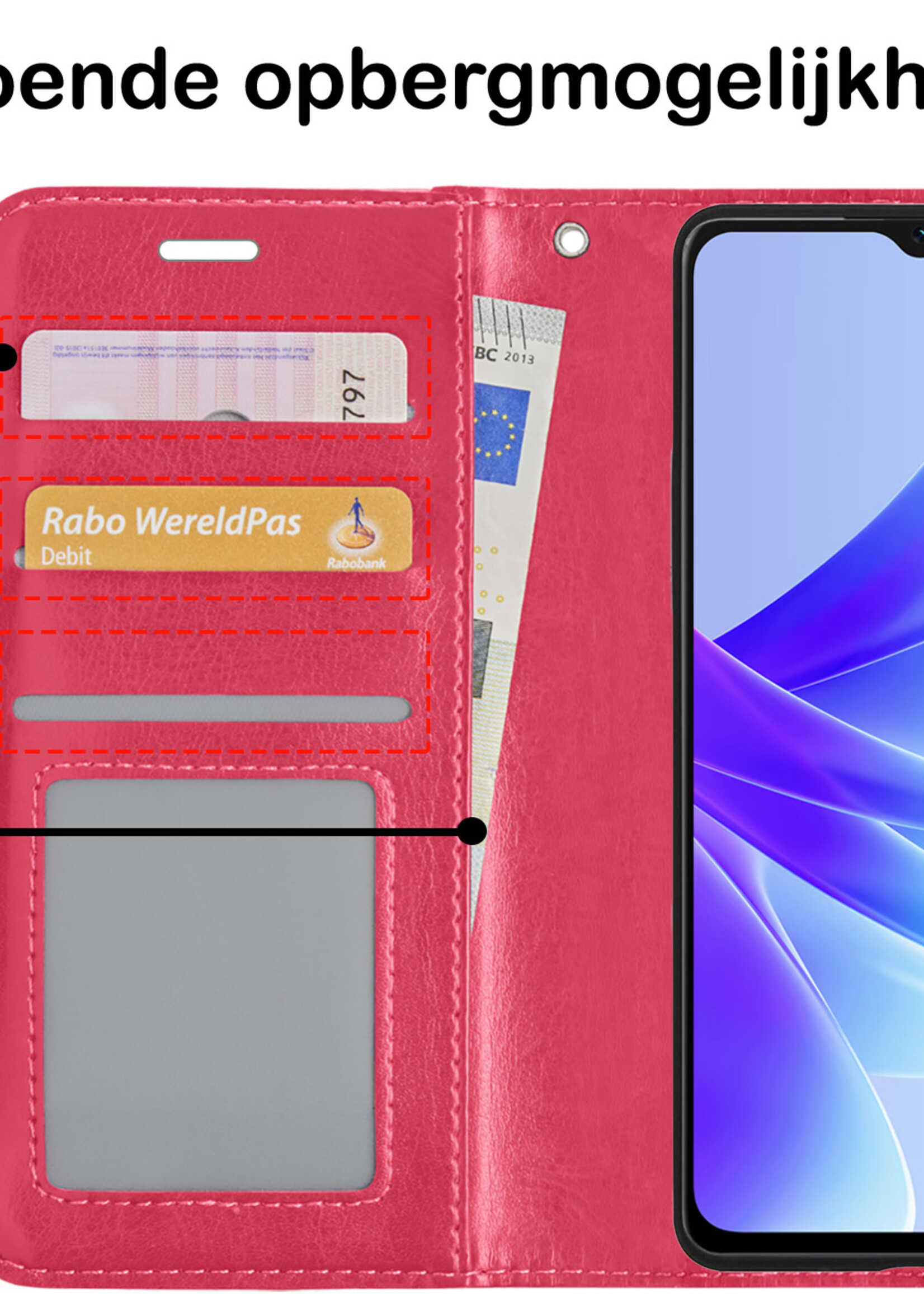 BTH Hoesje Geschikt voor OPPO A17 Hoesje Book Case Hoes Portemonnee Cover Walletcase Met Screenprotector - Hoes Geschikt voor OPPO A17 Hoes Bookcase Hoesje - Donkerroze