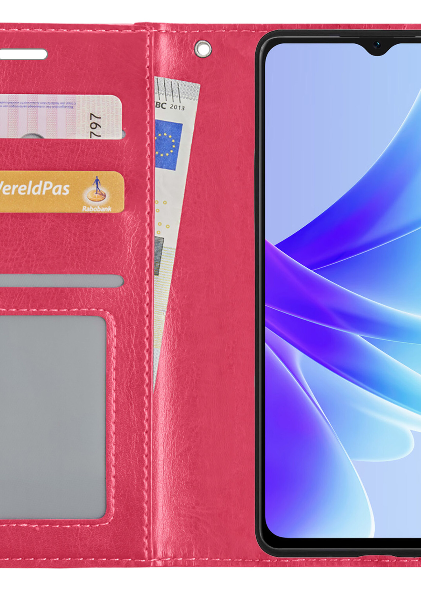 BTH Hoesje Geschikt voor OPPO A17 Hoesje Book Case Hoes Portemonnee Cover Walletcase Met Screenprotector - Hoes Geschikt voor OPPO A17 Hoes Bookcase Hoesje - Donkerroze