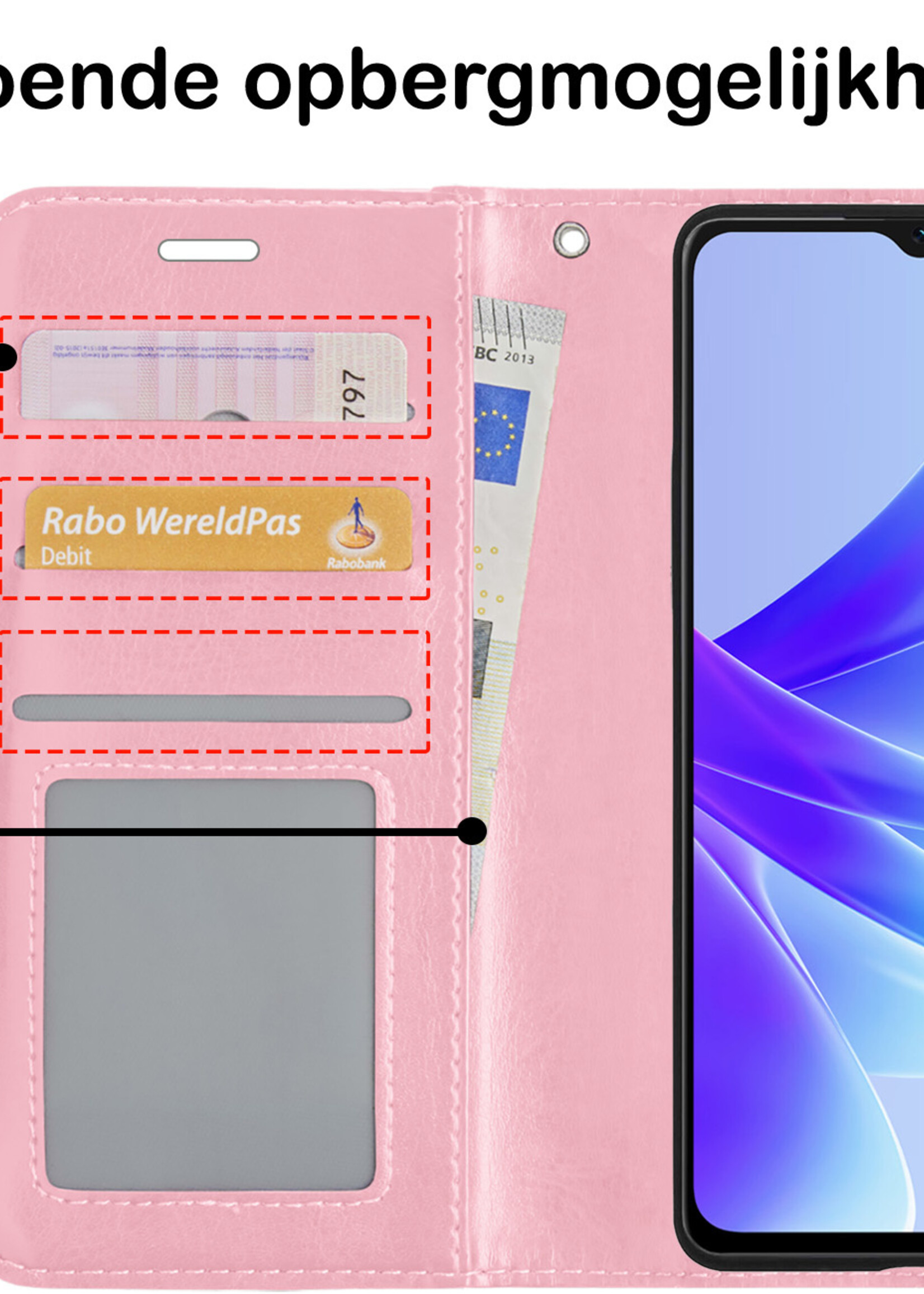 BTH Hoesje Geschikt voor OPPO A17 Hoesje Book Case Hoes Portemonnee Cover Walletcase Met Screenprotector - Hoes Geschikt voor OPPO A17 Hoes Bookcase Hoesje - Lichtroze