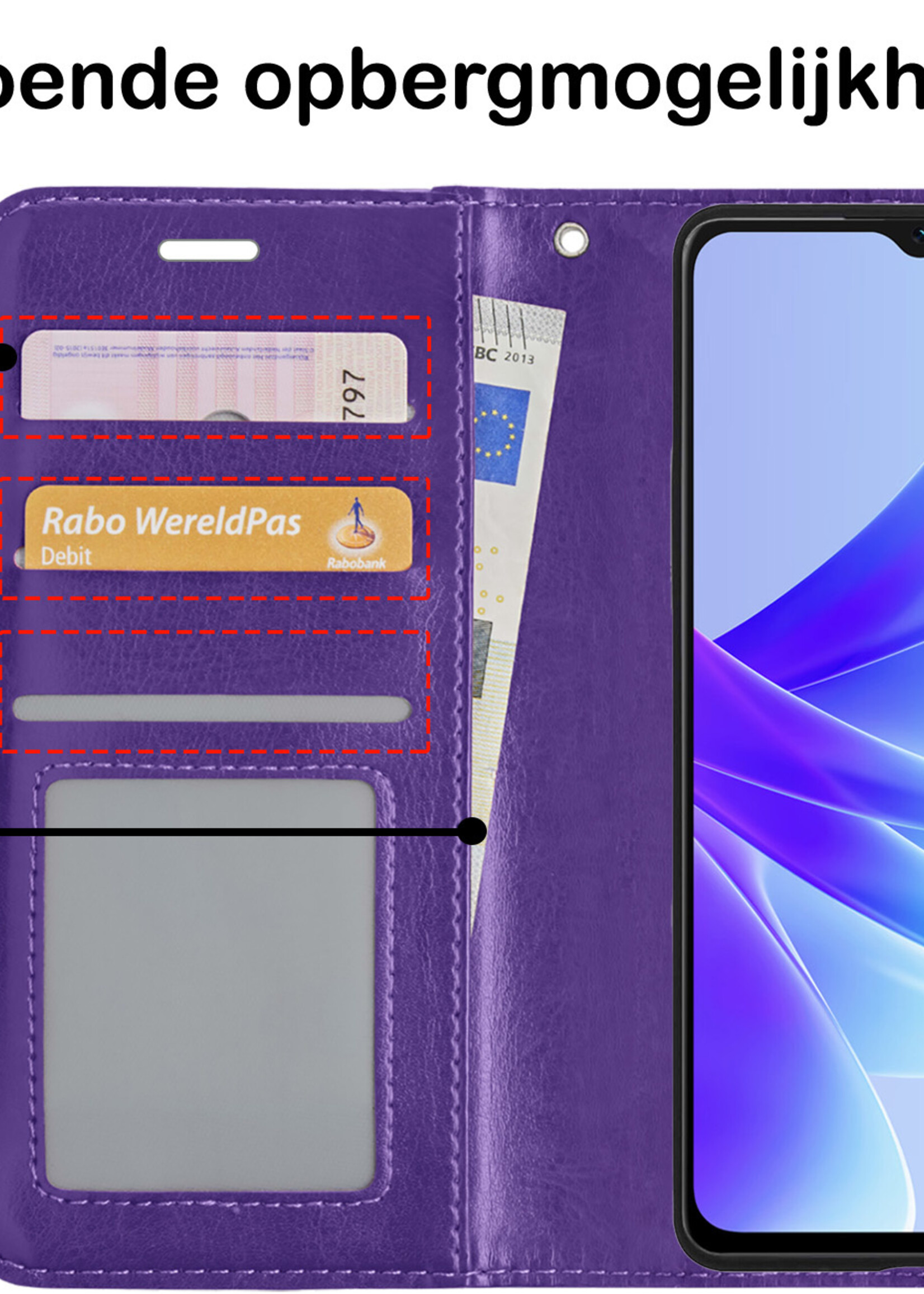 BTH Hoesje Geschikt voor OPPO A17 Hoesje Book Case Hoes Portemonnee Cover Walletcase Met Screenprotector - Hoes Geschikt voor OPPO A17 Hoes Bookcase Hoesje - Paars