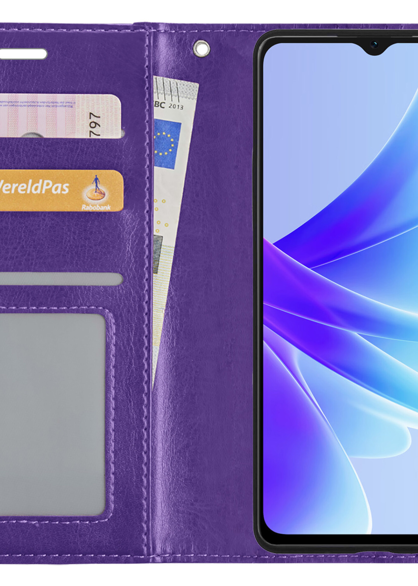 BTH Hoesje Geschikt voor OPPO A17 Hoesje Book Case Hoes Portemonnee Cover Walletcase Met Screenprotector - Hoes Geschikt voor OPPO A17 Hoes Bookcase Hoesje - Paars