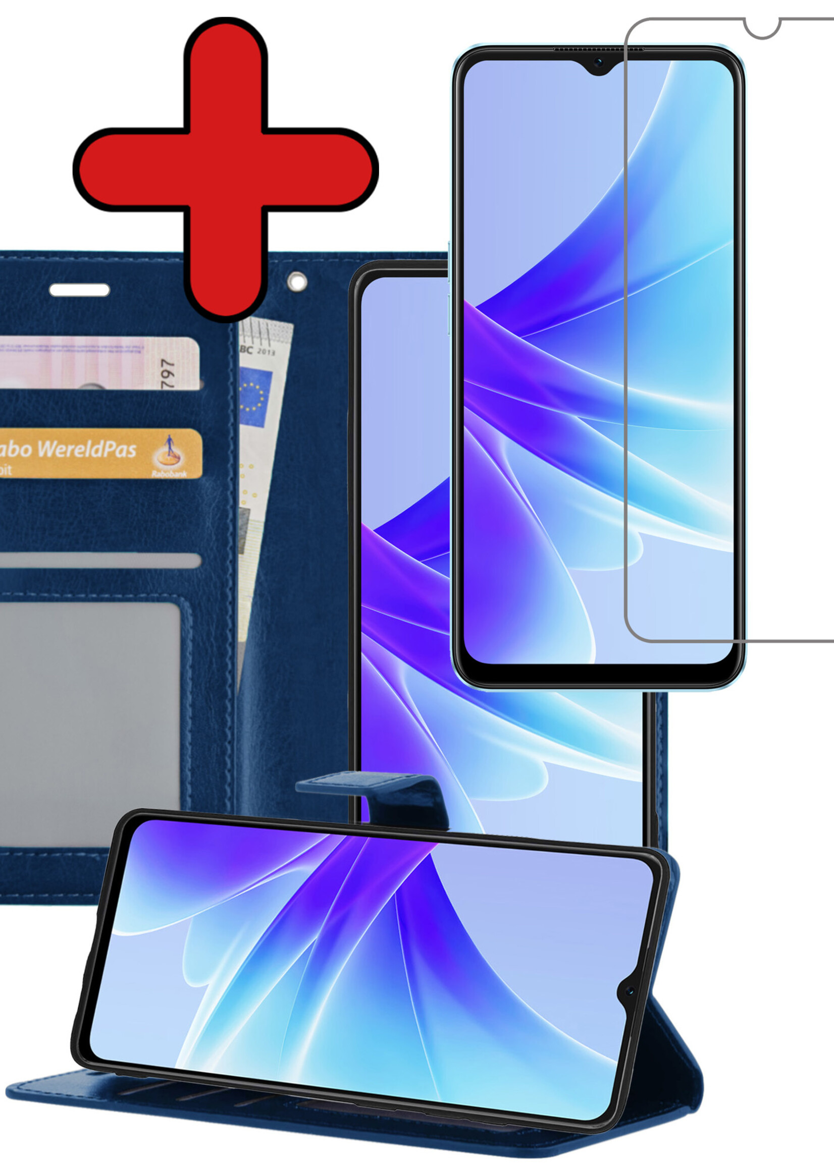 BTH Hoesje Geschikt voor OPPO A17 Hoesje Book Case Hoes Portemonnee Cover Walletcase Met Screenprotector - Hoes Geschikt voor OPPO A17 Hoes Bookcase Hoesje - Donkerblauw