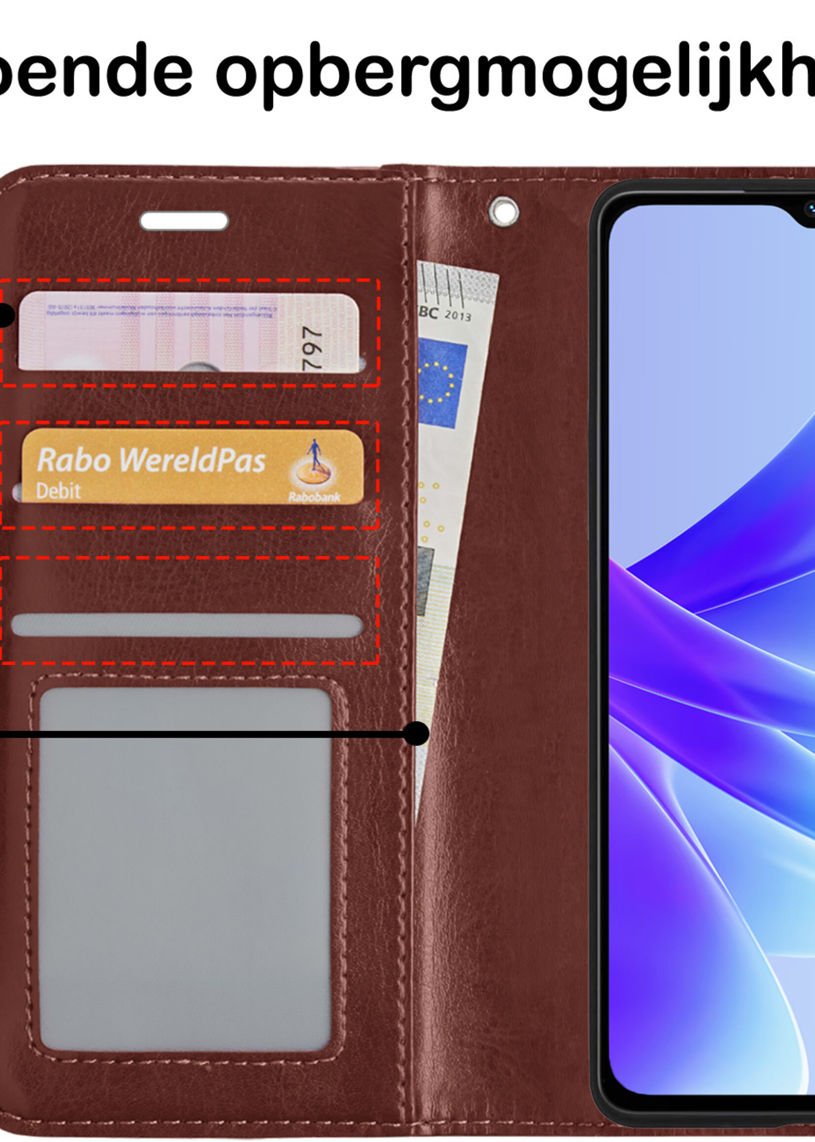 BTH Hoesje Geschikt voor OPPO A57 Hoesje Book Case Hoes Portemonnee Cover Walletcase Met Screenprotector - Hoes Geschikt voor OPPO A57 Hoes Bookcase Hoesje - Bruin