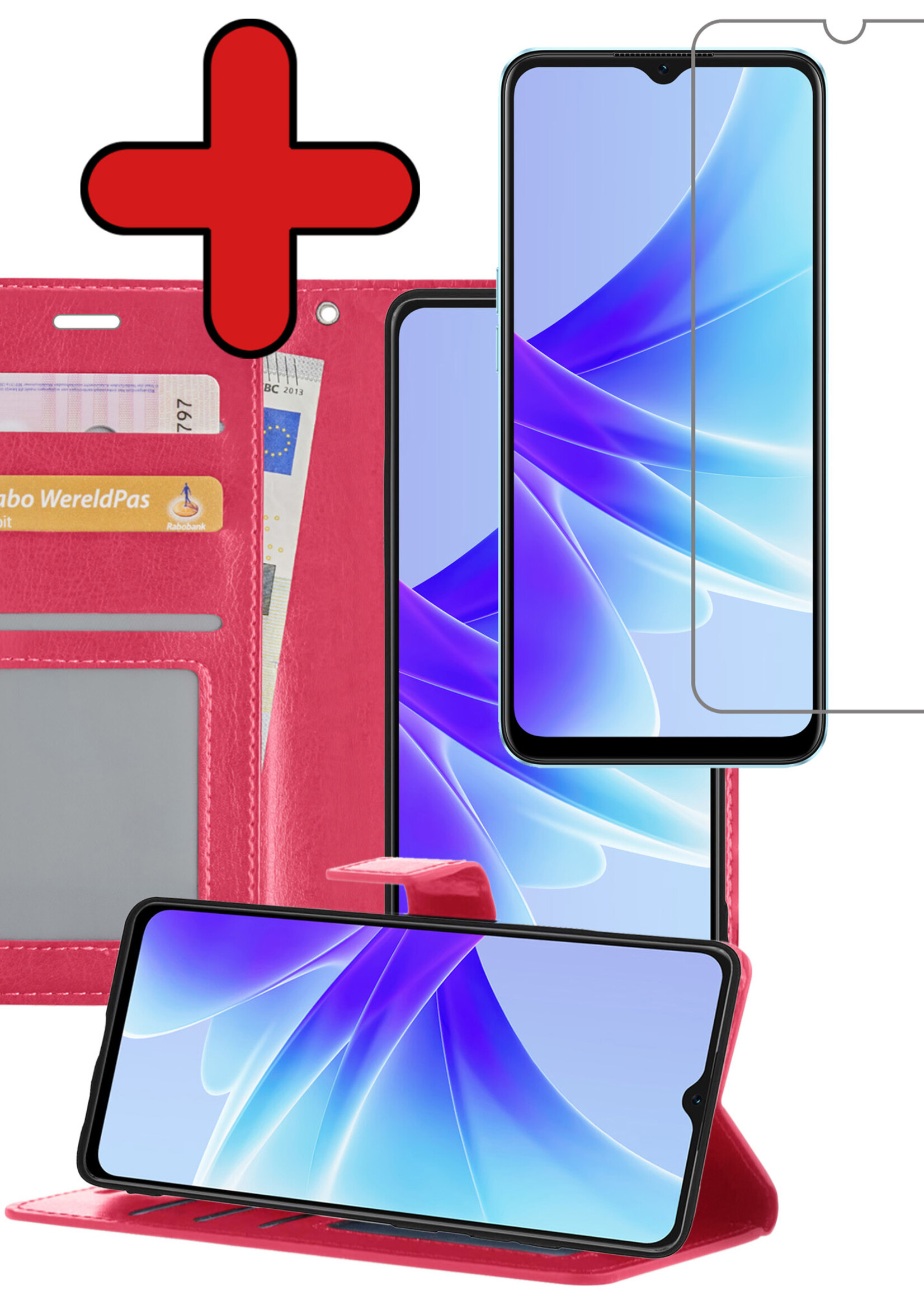BTH Hoesje Geschikt voor OPPO A17 Hoesje Book Case Hoes Portemonnee Cover Walletcase Met Screenprotector - Hoes Geschikt voor OPPO A17 Hoes Bookcase Hoesje - Donkerroze