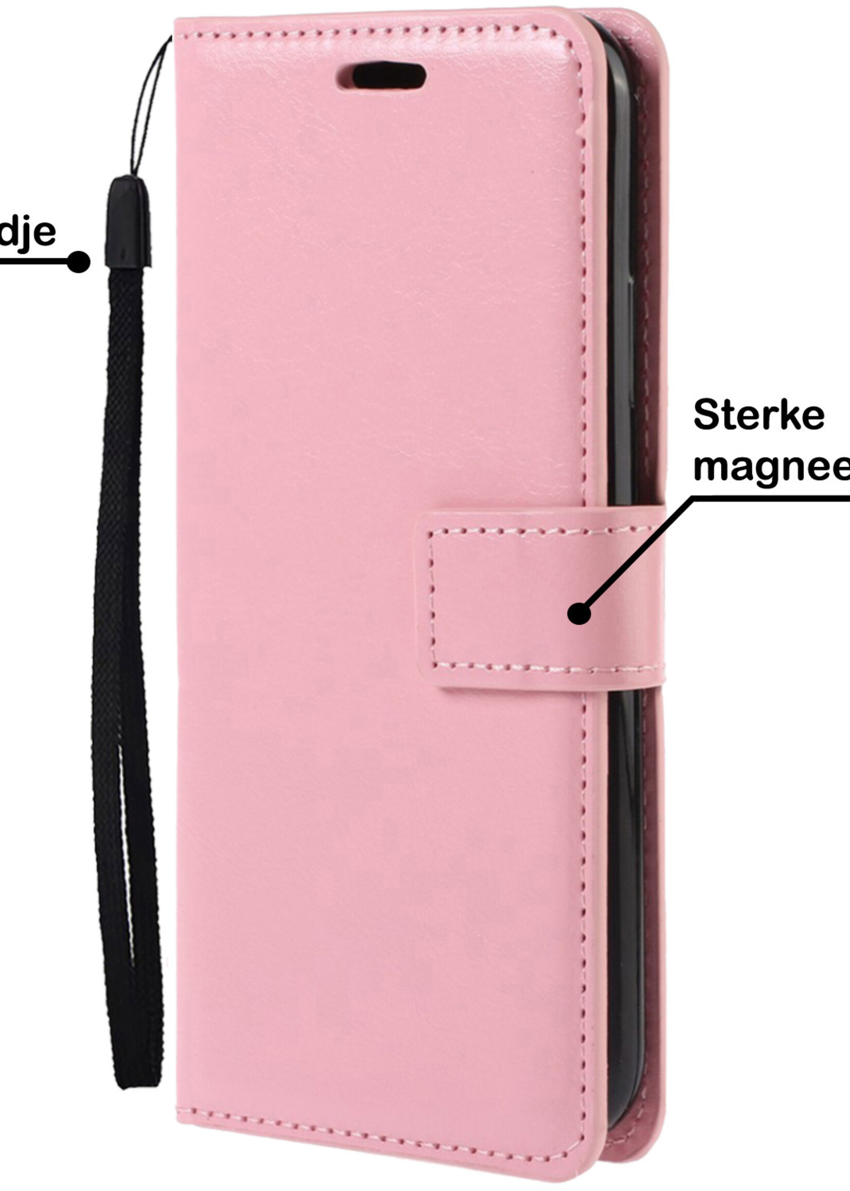 BTH Hoesje Geschikt voor OPPO A57 Hoesje Book Case Hoes Portemonnee Cover Walletcase Met Screenprotector - Hoes Geschikt voor OPPO A57 Hoes Bookcase Hoesje - Lichtroze