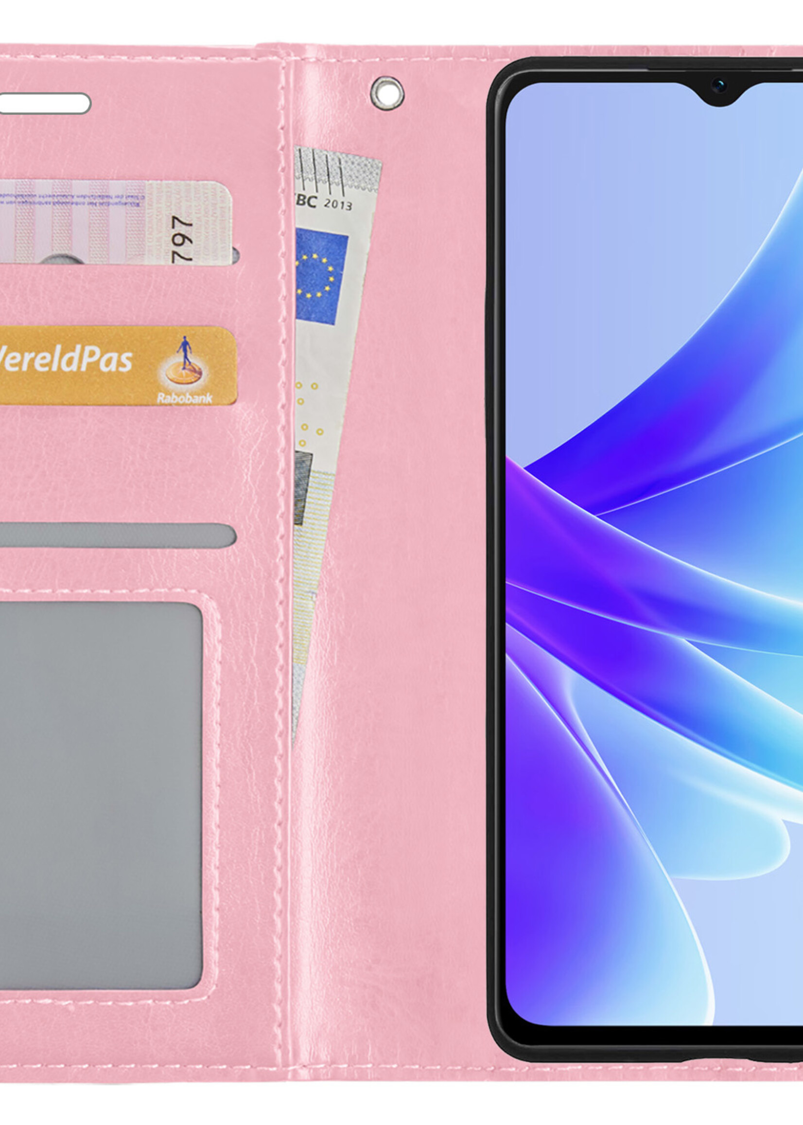 BTH Hoesje Geschikt voor OPPO A57 Hoesje Book Case Hoes Portemonnee Cover Walletcase Met Screenprotector - Hoes Geschikt voor OPPO A57 Hoes Bookcase Hoesje - Lichtroze