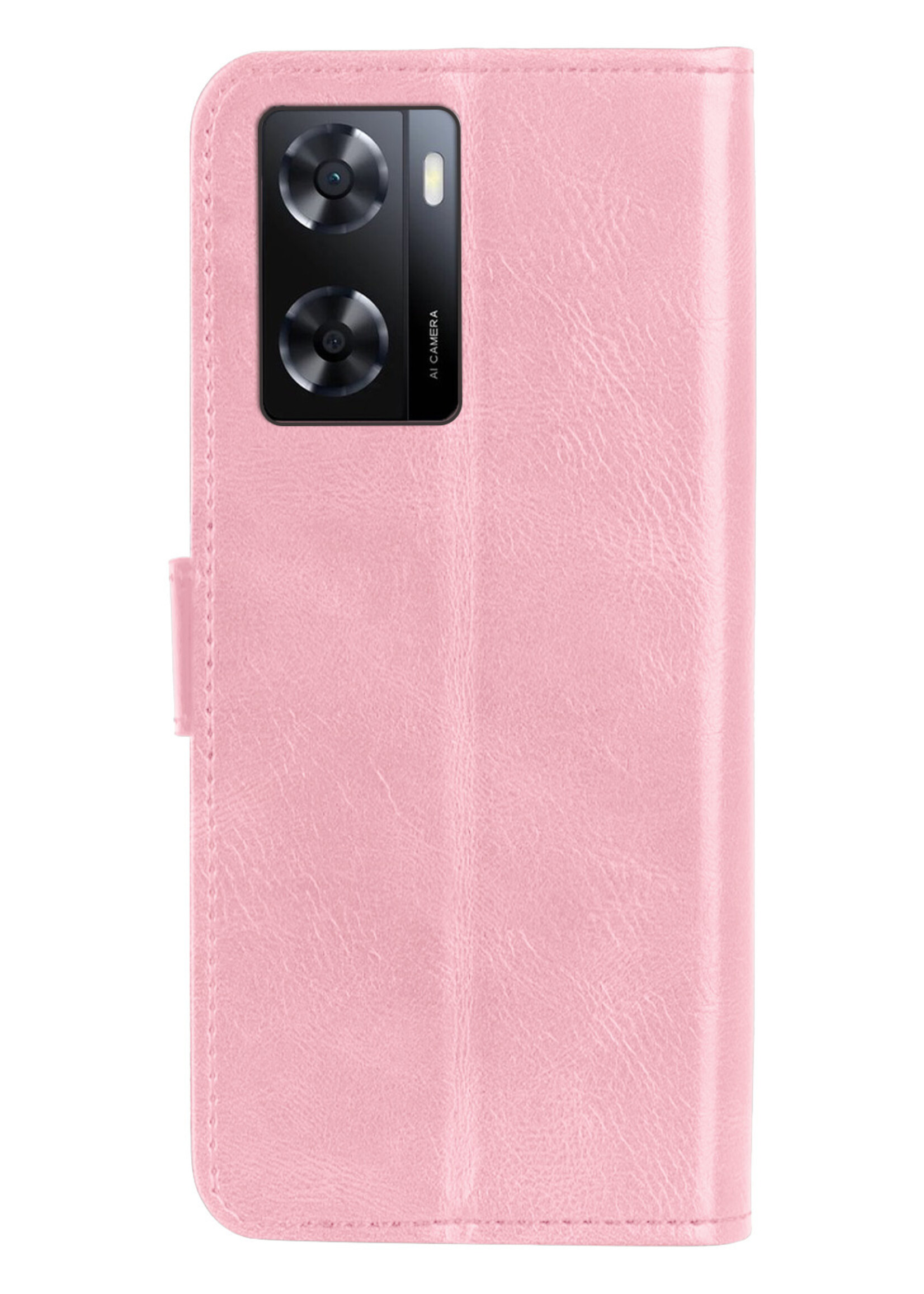 BTH Hoesje Geschikt voor OPPO A57 Hoesje Book Case Hoes Portemonnee Cover Walletcase Met Screenprotector - Hoes Geschikt voor OPPO A57 Hoes Bookcase Hoesje - Lichtroze