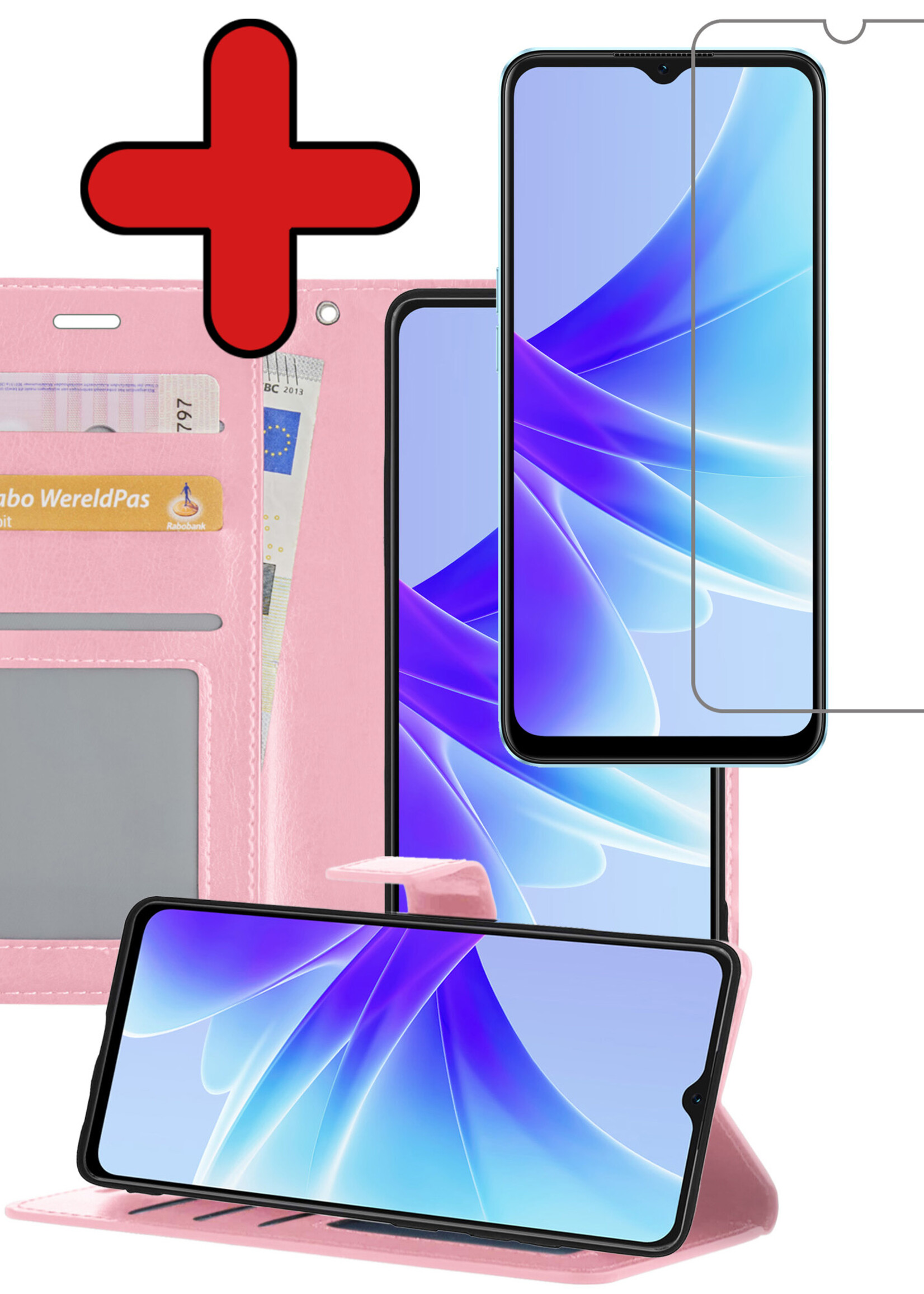 BTH Hoesje Geschikt voor OPPO A17 Hoesje Book Case Hoes Portemonnee Cover Walletcase Met Screenprotector - Hoes Geschikt voor OPPO A17 Hoes Bookcase Hoesje - Lichtroze