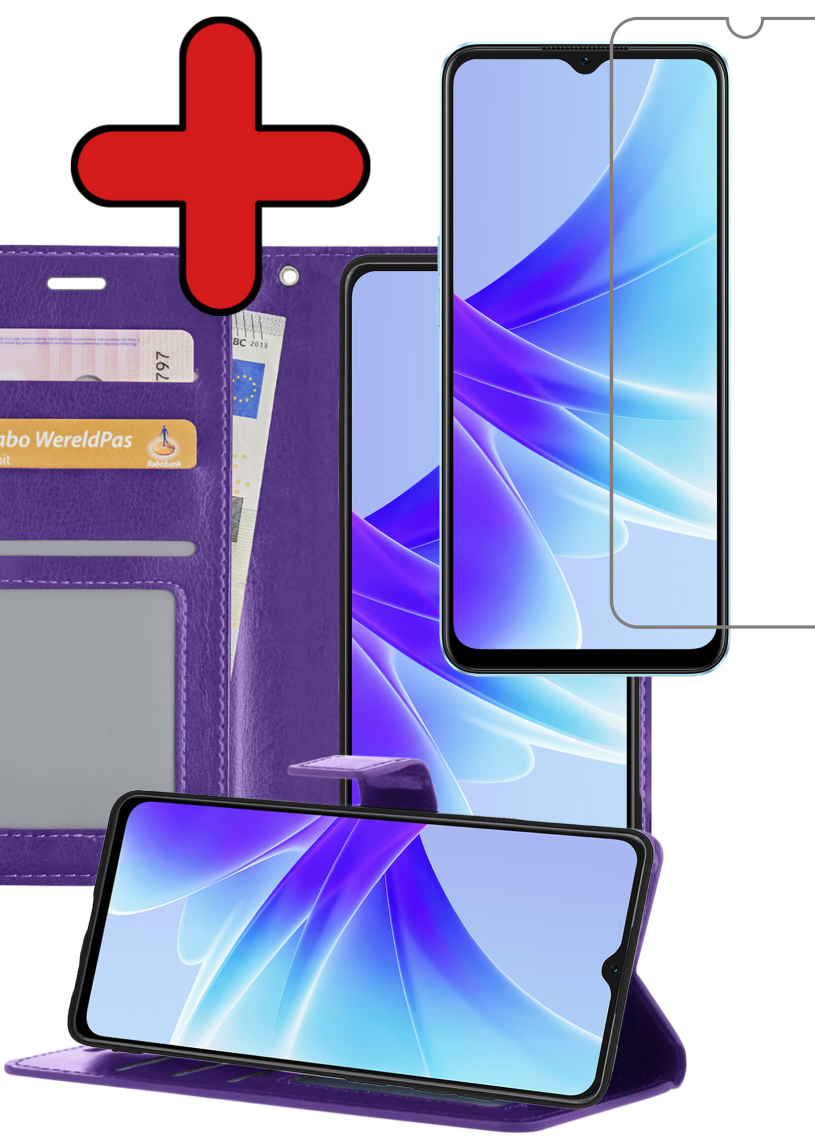 BTH Hoesje Geschikt voor OPPO A17 Hoesje Book Case Hoes Portemonnee Cover Walletcase Met Screenprotector - Hoes Geschikt voor OPPO A17 Hoes Bookcase Hoesje - Paars