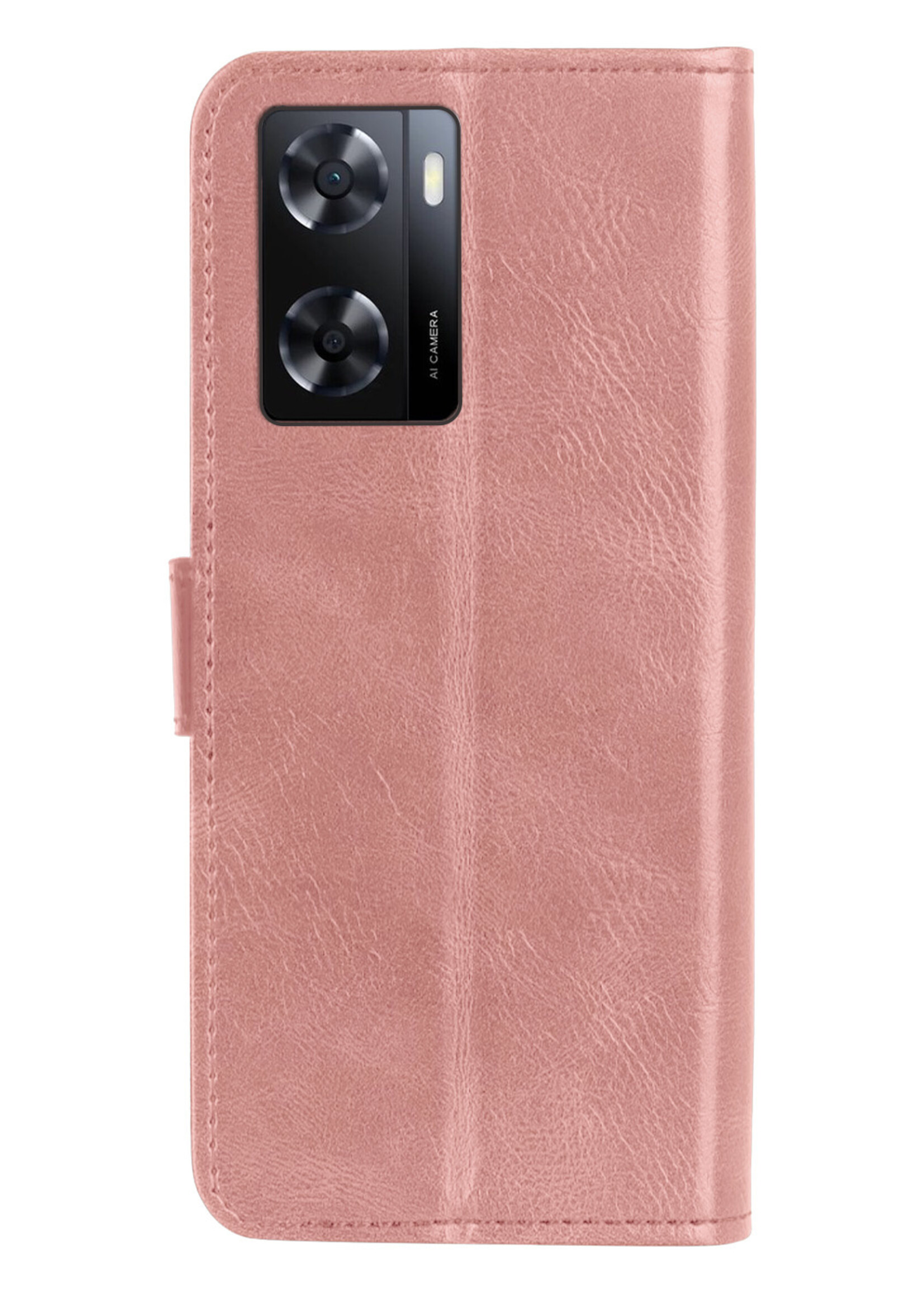 BTH Hoesje Geschikt voor OPPO A57 Hoesje Book Case Hoes Portemonnee Cover Walletcase Met 2x Screenprotector - Hoes Geschikt voor OPPO A57 Hoes Bookcase Hoesje - Rosé goud