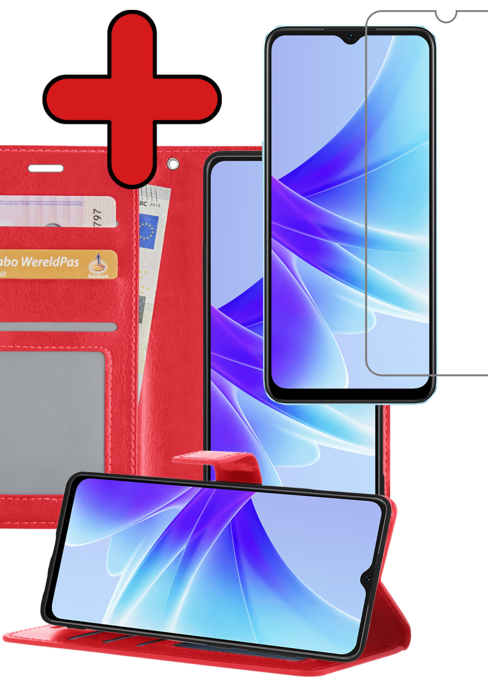 BTH Hoesje Geschikt voor OPPO A57s Hoesje Book Case Hoes Portemonnee Cover Walletcase Met Screenprotector - Hoes Geschikt voor OPPO A57s Hoes Bookcase Hoesje - Rood