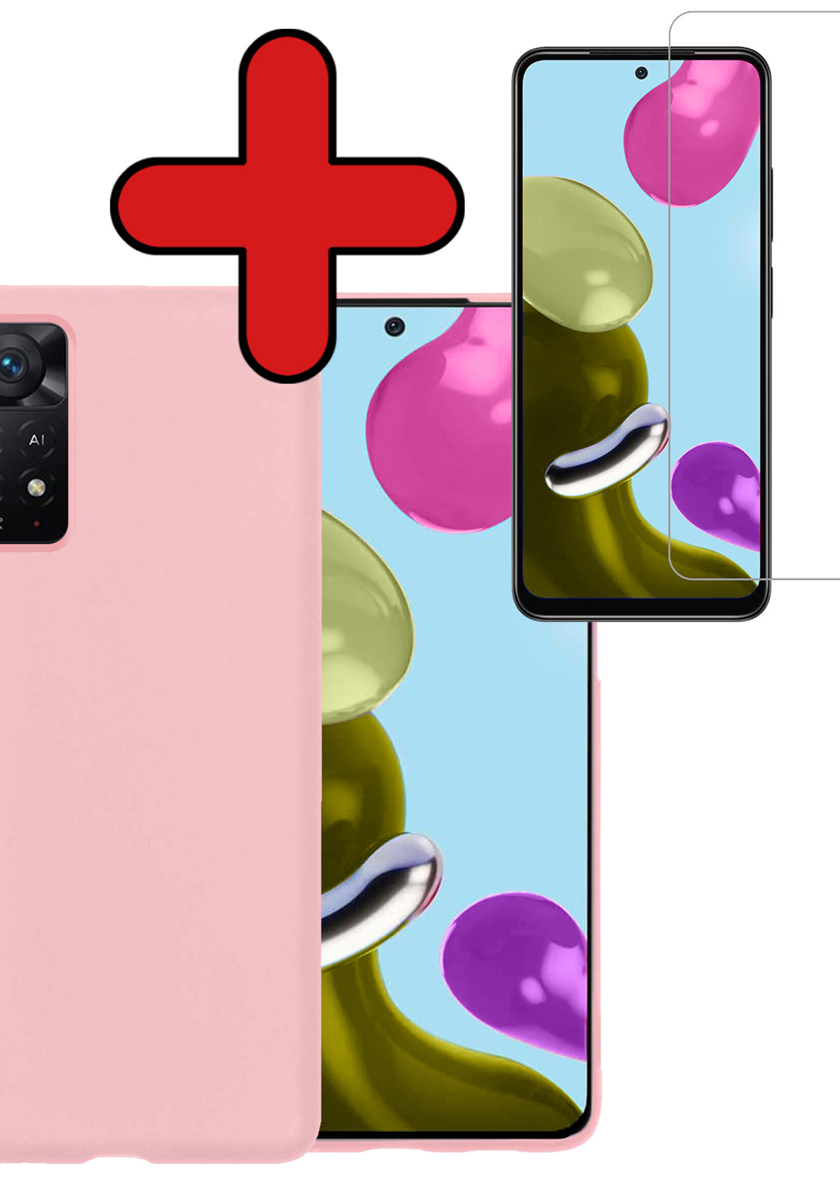 BTH Hoesje Geschikt voor Xiaomi Redmi Note 11 Hoesje Siliconen Case Hoes Met Screenprotector - Hoes Geschikt voor Xiaomi Redmi Note 11 Hoes Cover Case - Lichtroze