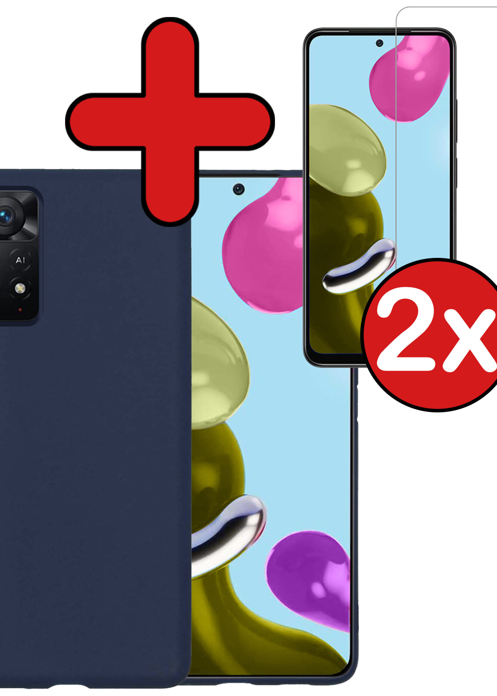 BTH Hoesje Geschikt voor Xiaomi Redmi Note 11 Hoesje Siliconen Case Hoes Met 2x Screenprotector - Hoes Geschikt voor Xiaomi Redmi Note 11 Hoes Cover Case - Donkerblauw