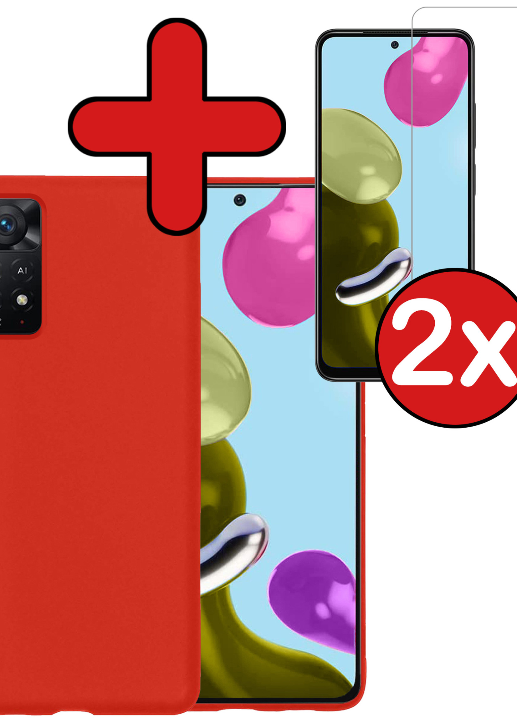 BTH Hoesje Geschikt voor Xiaomi Redmi Note 11 Hoesje Siliconen Case Hoes Met 2x Screenprotector - Hoes Geschikt voor Xiaomi Redmi Note 11 Hoes Cover Case - Rood