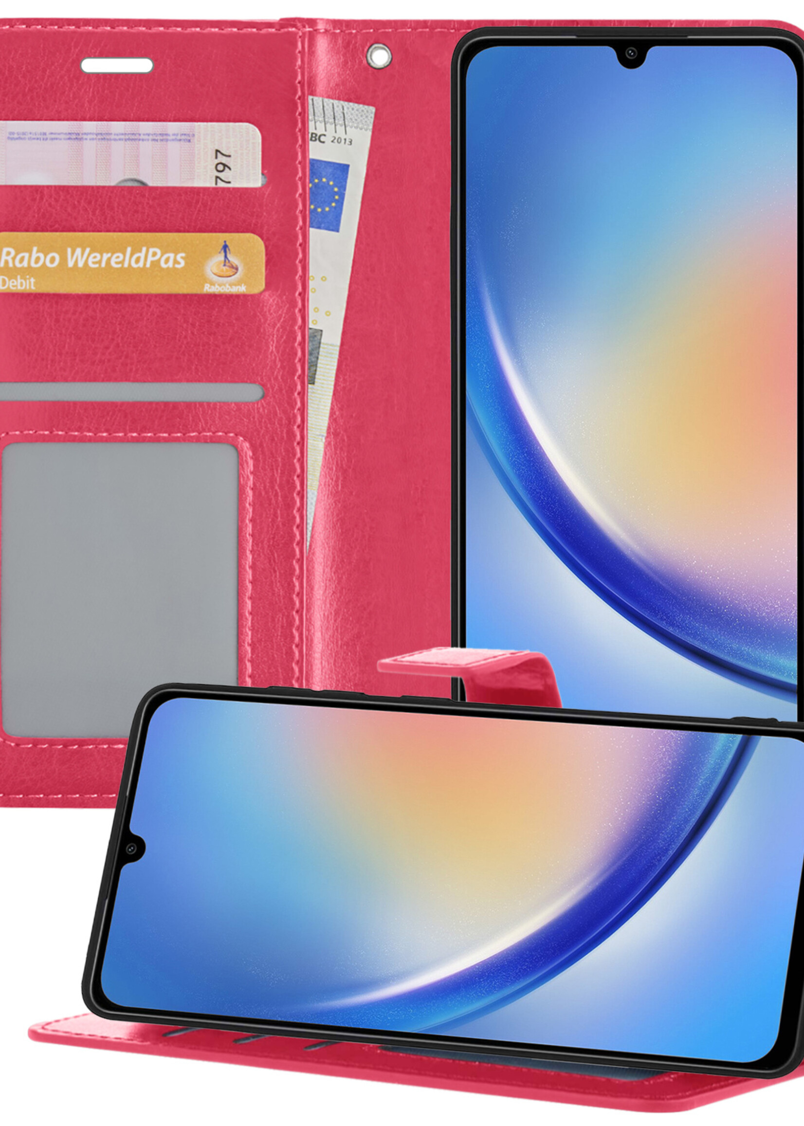 BTH Samsung A34 Hoesje Book Case Hoes Portemonnee Cover Walletcase - Samsung Galaxy A34 Hoes Bookcase Hoesje - Donkerroze