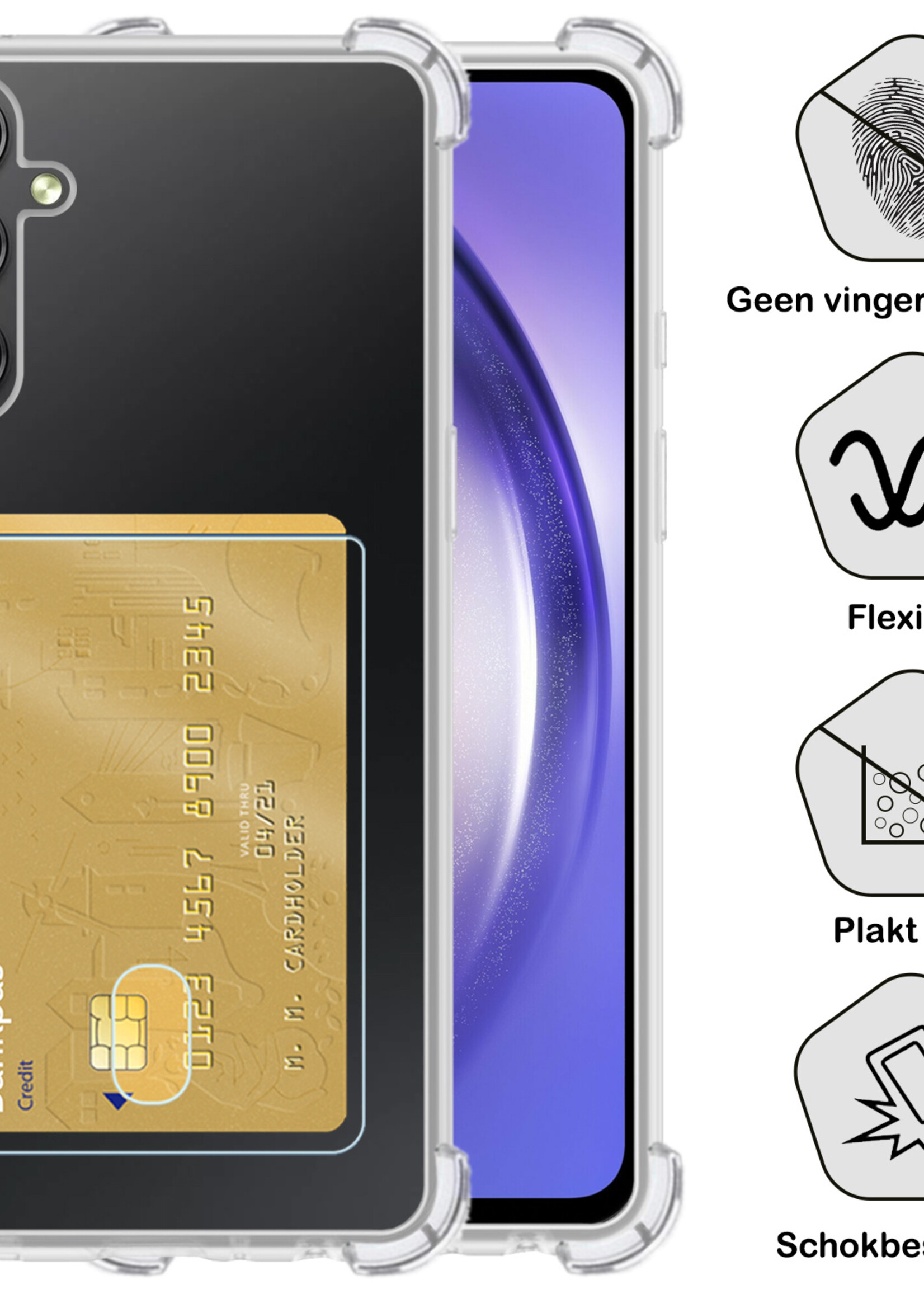 BTH Hoesje Geschikt voor Samsung A54 Hoesje Met Pasjeshouder Siliconen Case Met Kaarthouder - Hoes Geschikt voor Samsung Galaxy A54 Hoesje Shock Proof Case - Transparant - 2 PACK