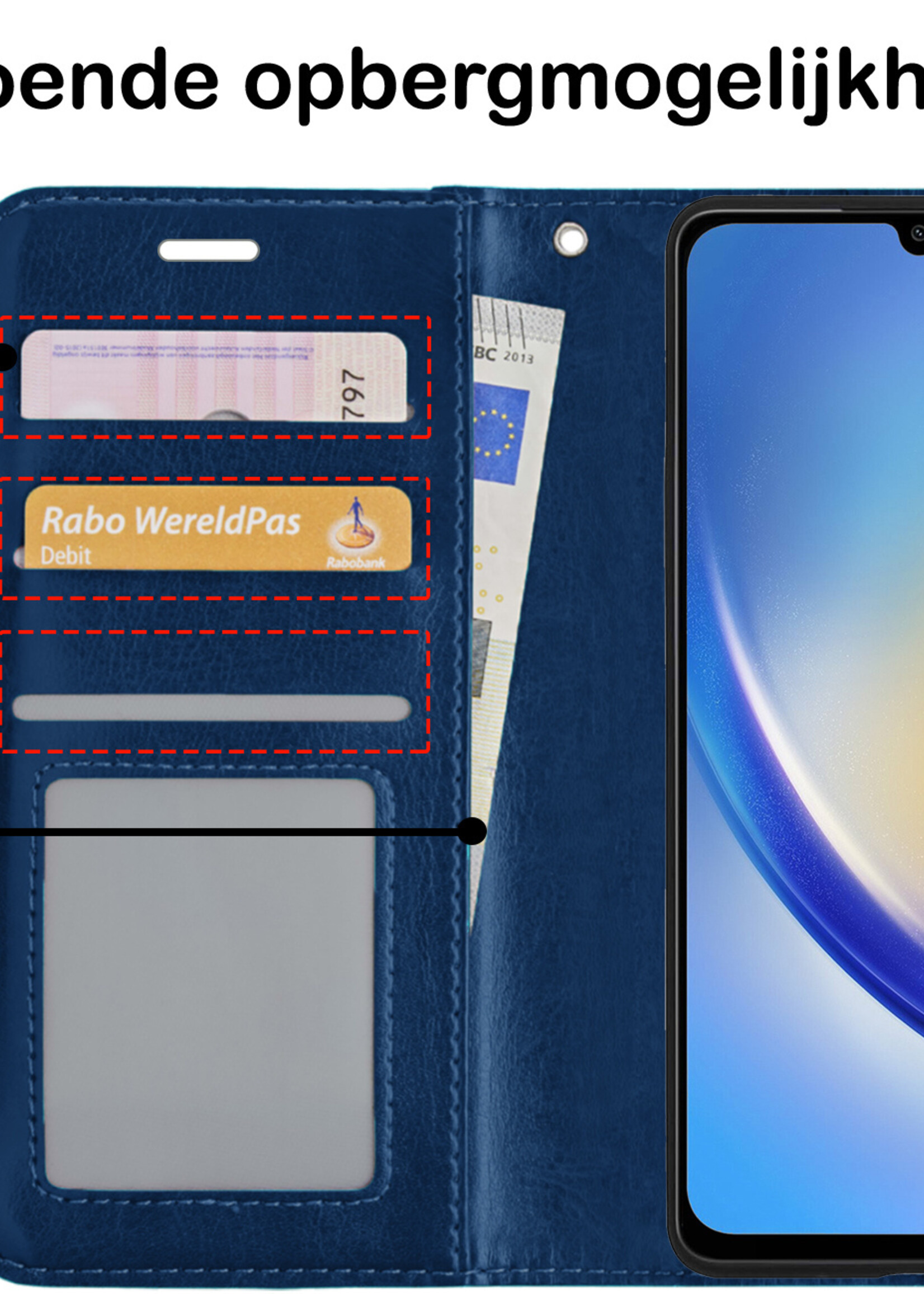 BTH Hoesje Geschikt voor Samsung A34 Hoesje Book Case Hoes Portemonnee Cover Walletcase Met Screenprotector - Hoes Geschikt voor Samsung Galaxy A34 Hoes Bookcase Hoesje - Donkerblauw
