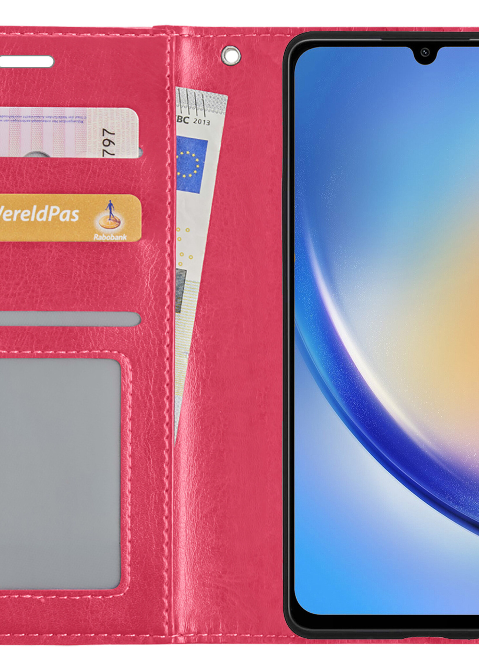 BTH Hoesje Geschikt voor Samsung A34 Hoesje Book Case Hoes Portemonnee Cover Walletcase Met Screenprotector - Hoes Geschikt voor Samsung Galaxy A34 Hoes Bookcase Hoesje - Donkerroze