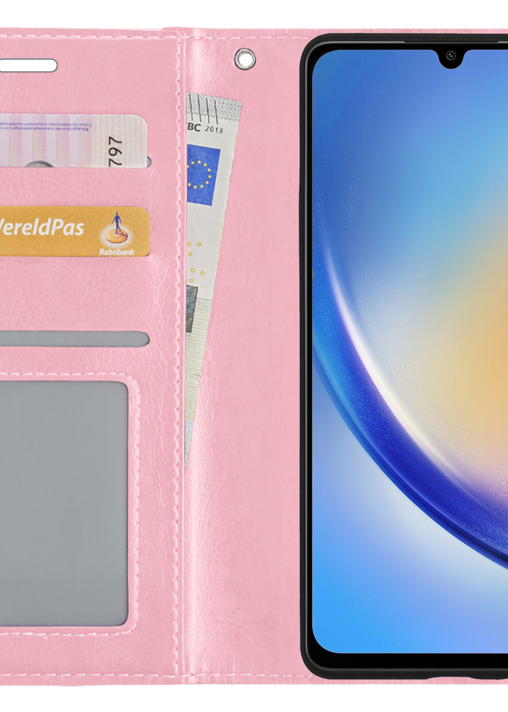 BTH Hoesje Geschikt voor Samsung A34 Hoesje Book Case Hoes Portemonnee Cover Walletcase Met Screenprotector - Hoes Geschikt voor Samsung Galaxy A34 Hoes Bookcase Hoesje - Lichtroze